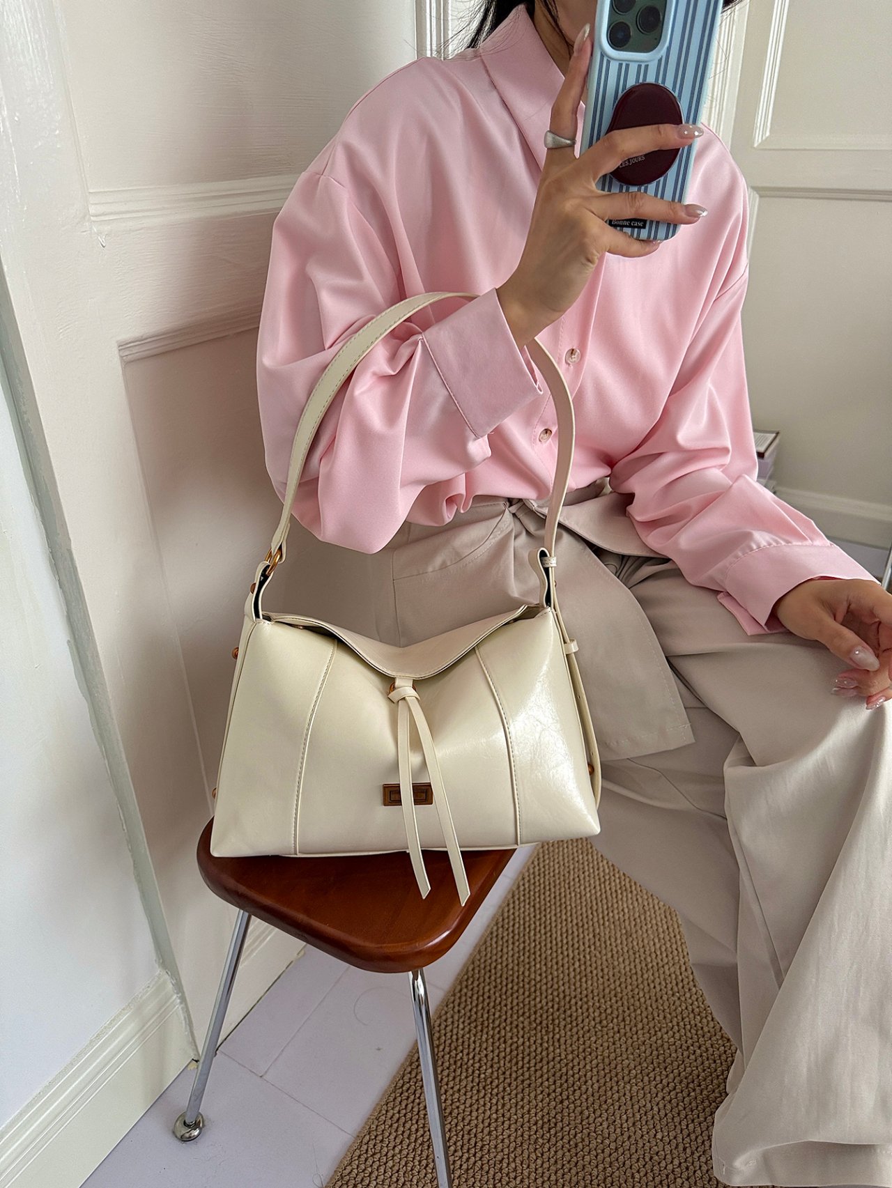 Beige Plain Shoulder Bag