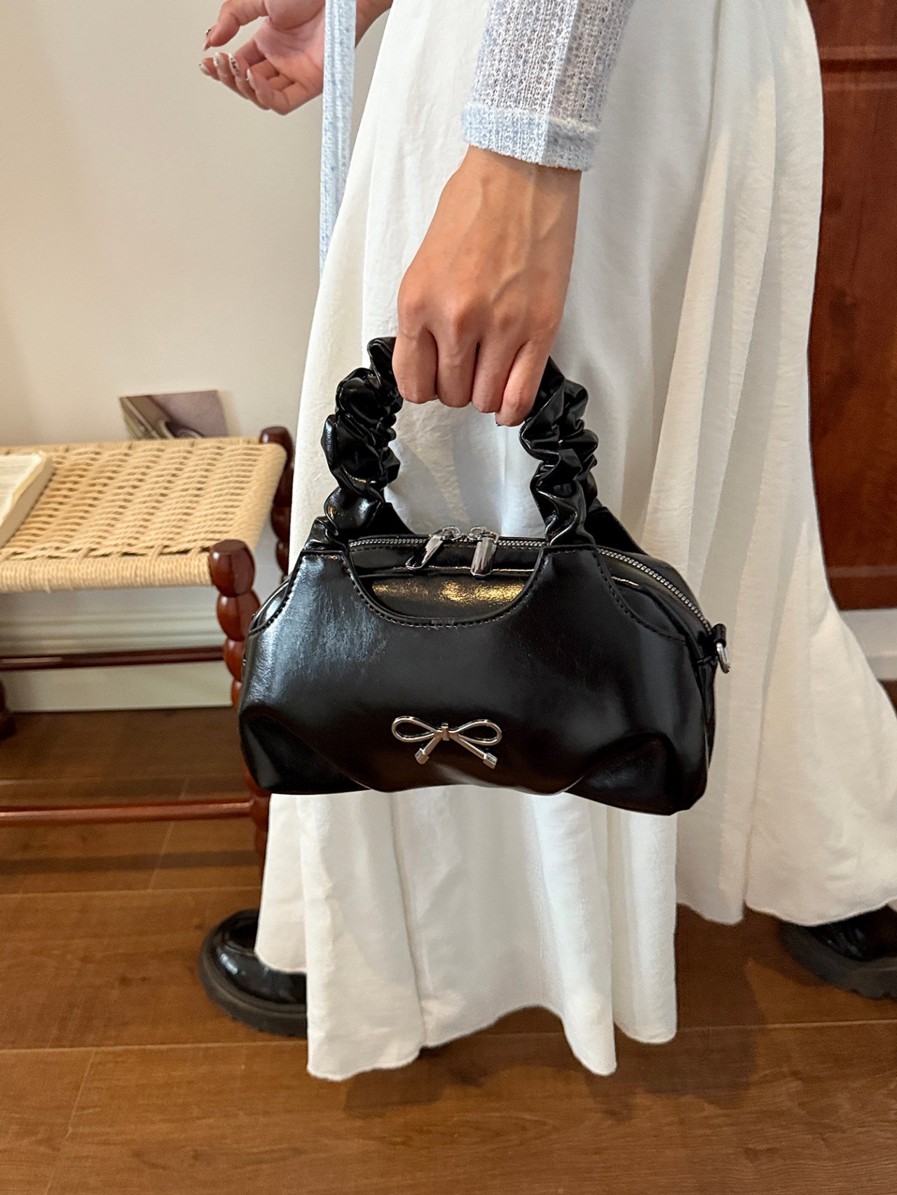 Black Ruched Handle Handbag