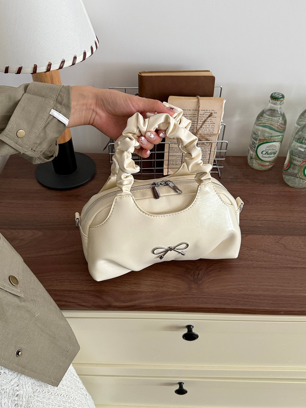 White Ruched Handbag with Bow Accent