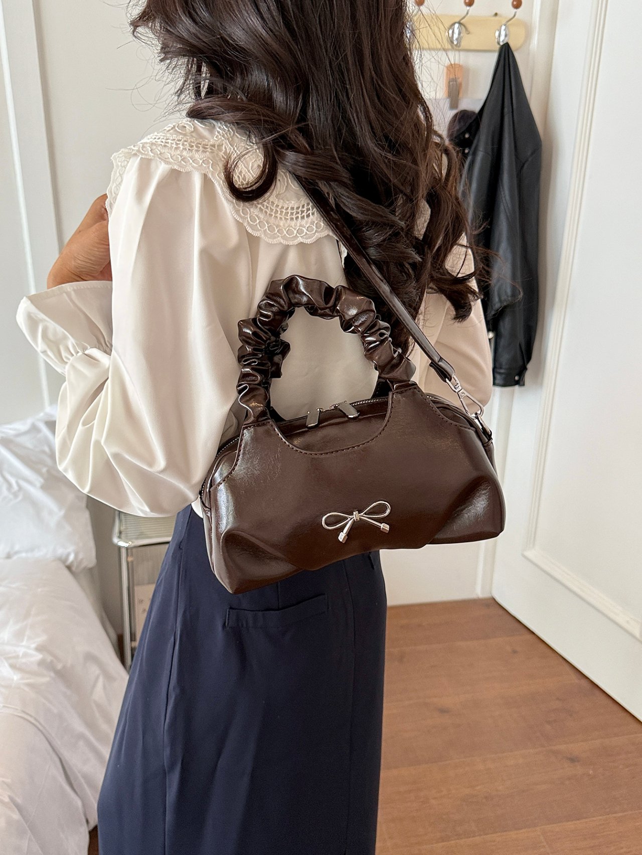 Coffee Brown Ruched Handle Handbag
