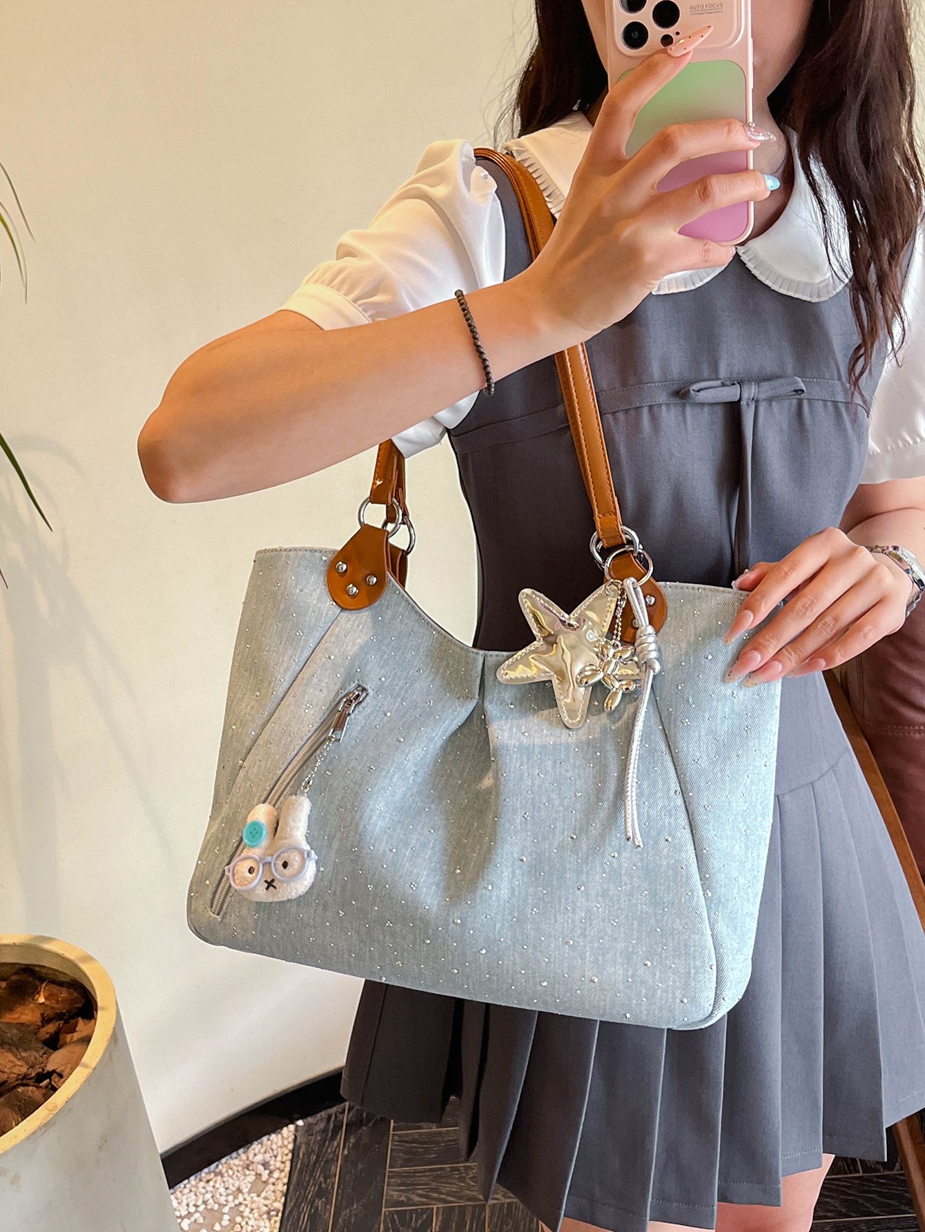 Blue Shoulder Bag with Embellishments