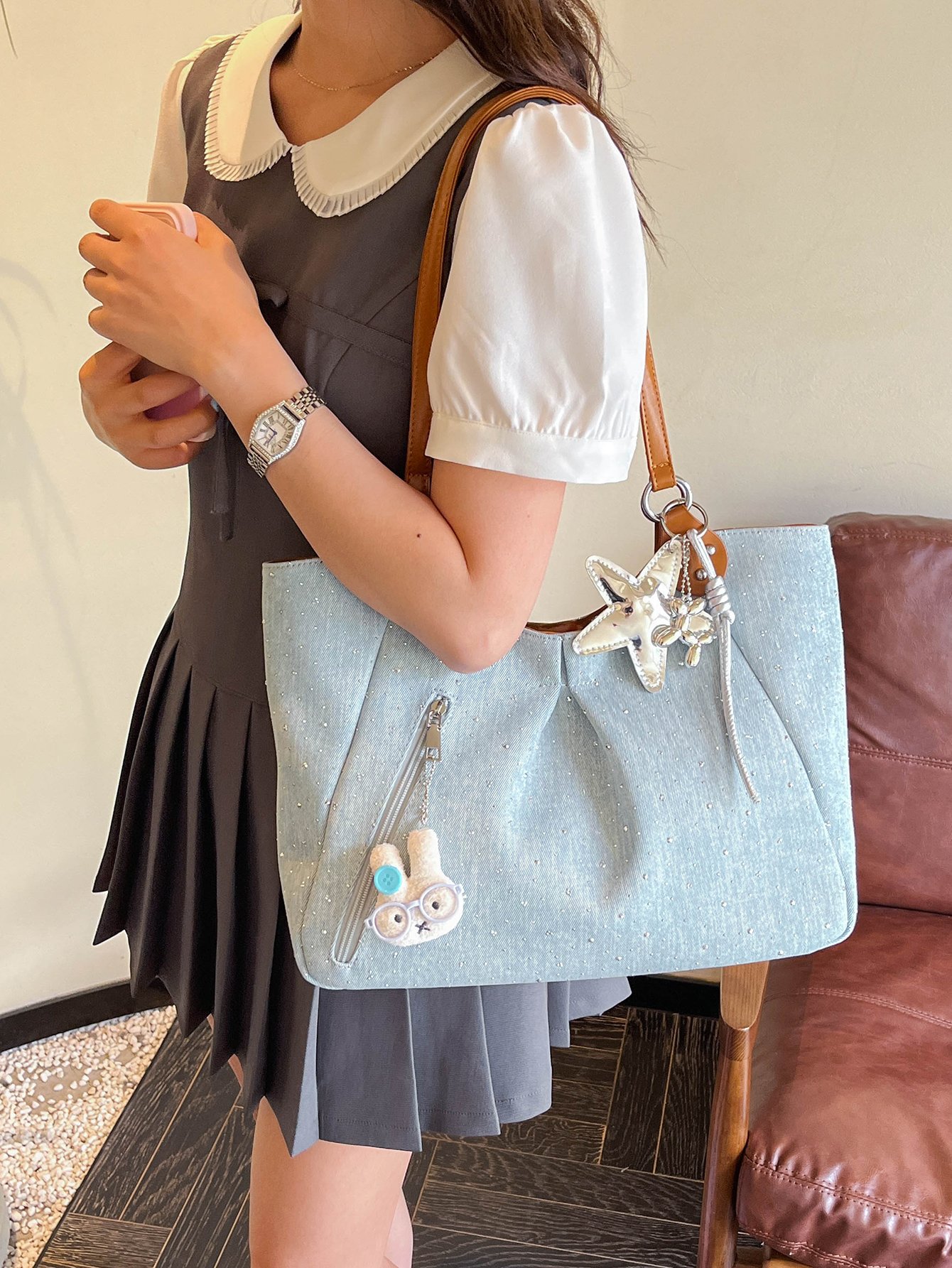 Blue Shoulder Bag with Embellishments
