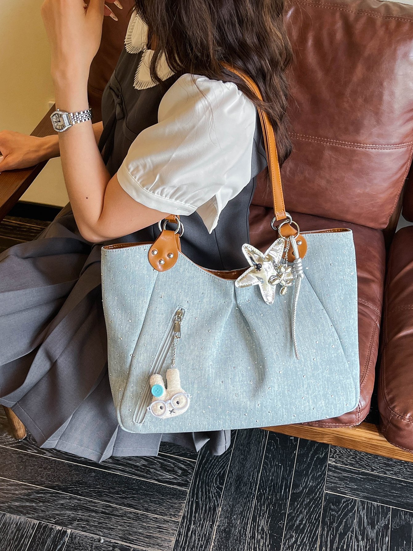Blue Shoulder Bag with Embellishments