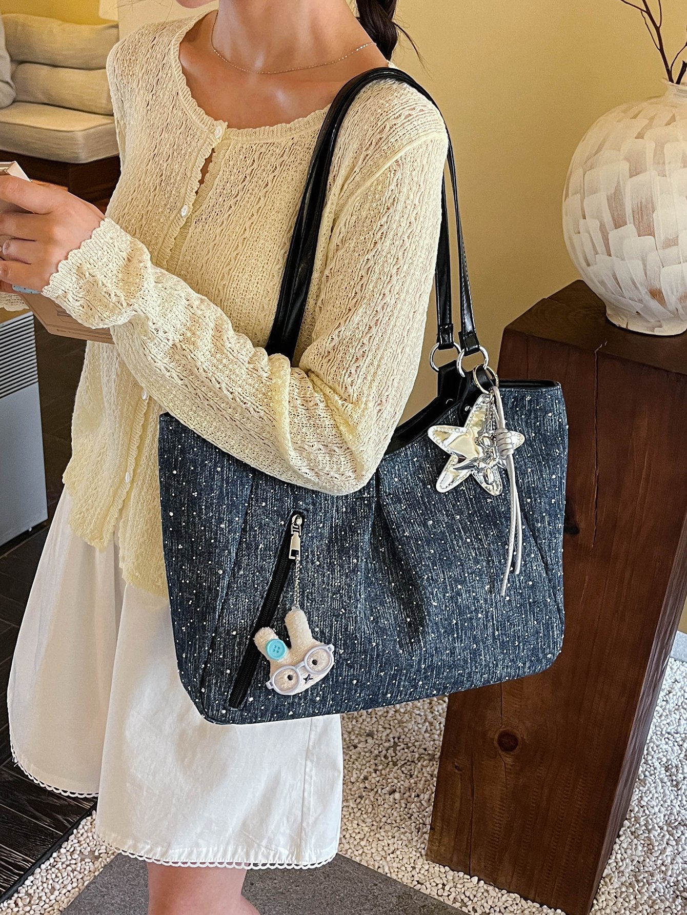 Sparkle Denim Tote Bag with Charm