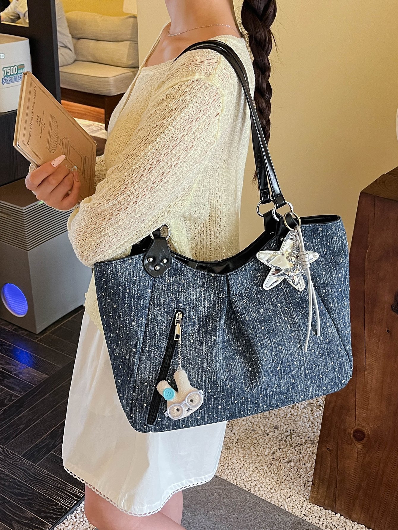 Sparkle Denim Tote Bag with Charm