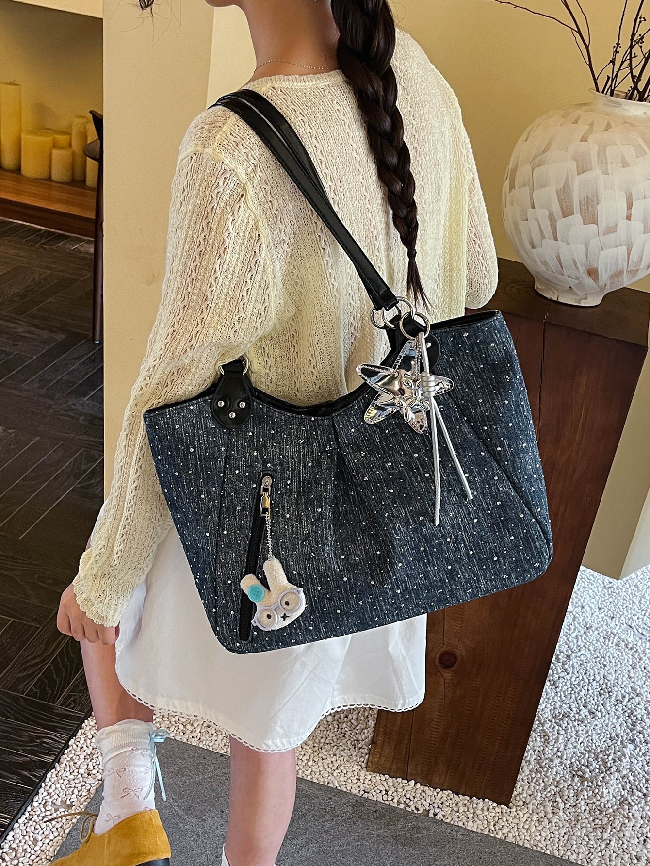 Sparkle Denim Tote Bag with Charm