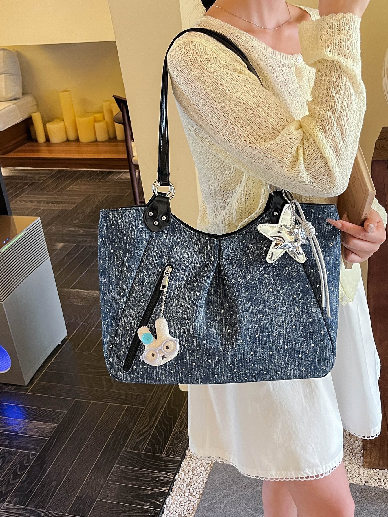 Sparkle Denim Tote Bag with Charm