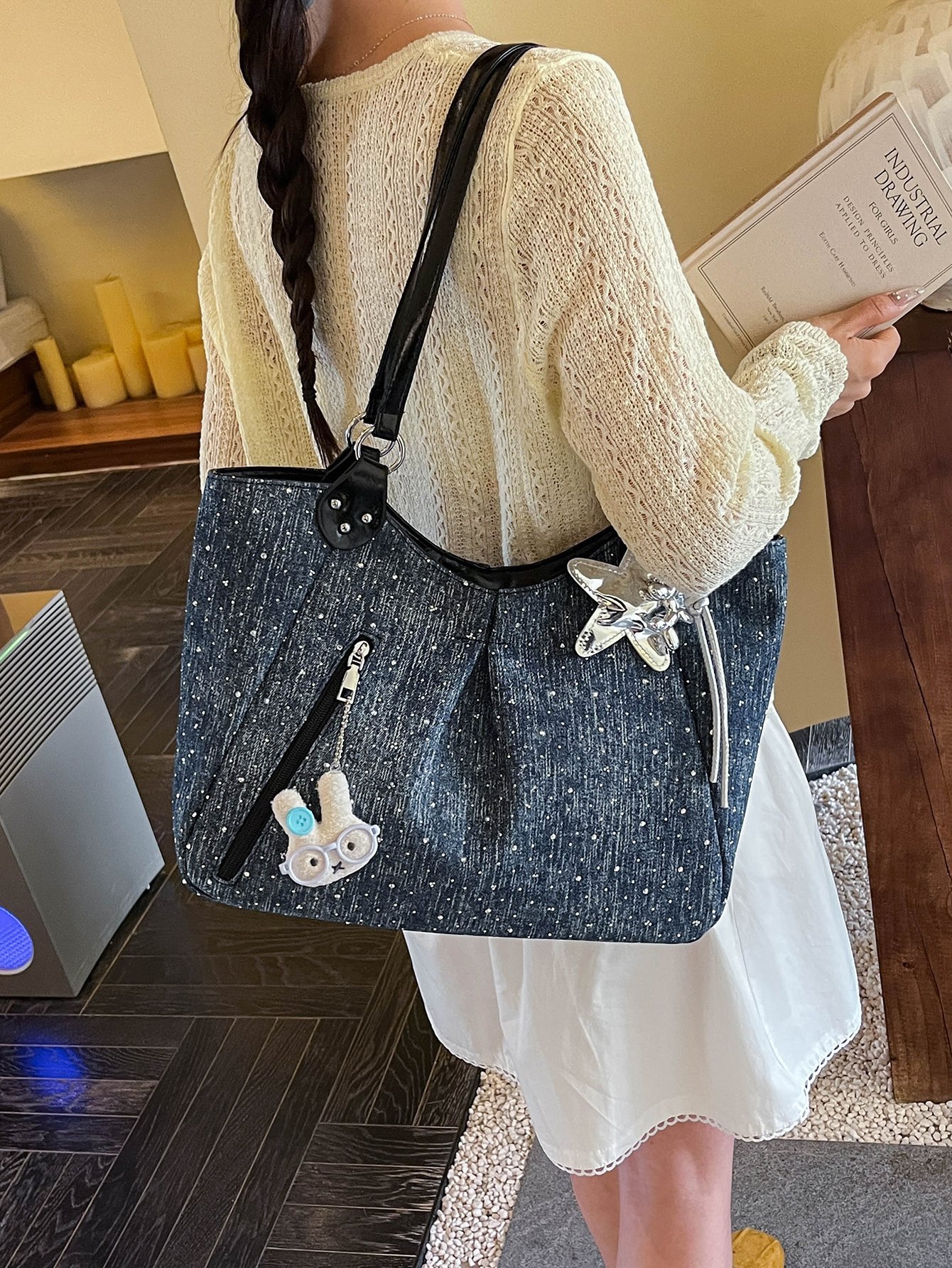 Sparkle Denim Tote Bag with Charm