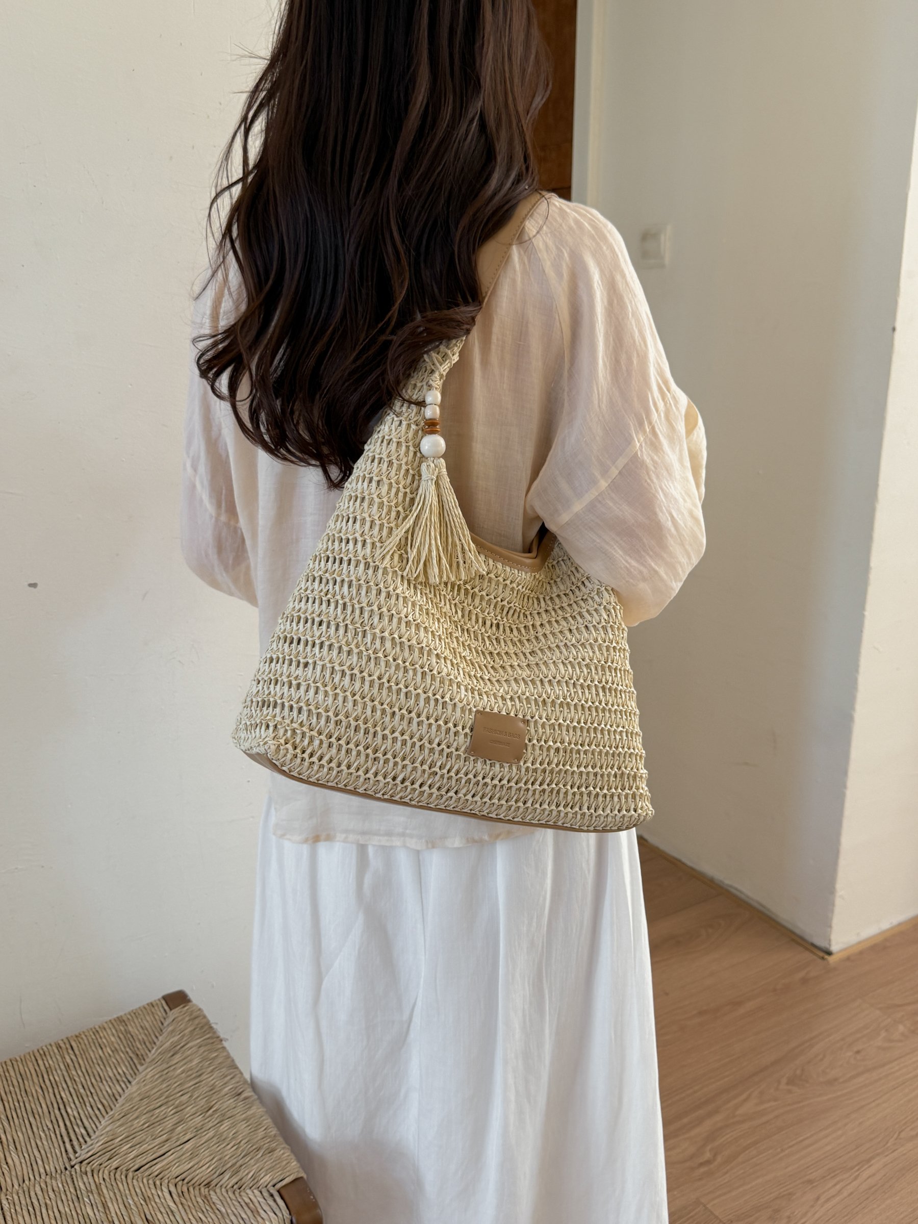 Beige Woven Shoulder Bag with Tassel Accent