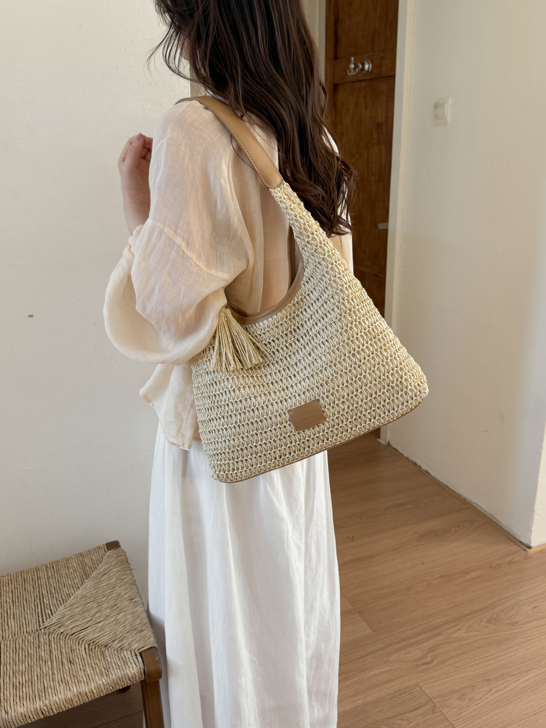 Beige Woven Shoulder Bag with Tassel Accent