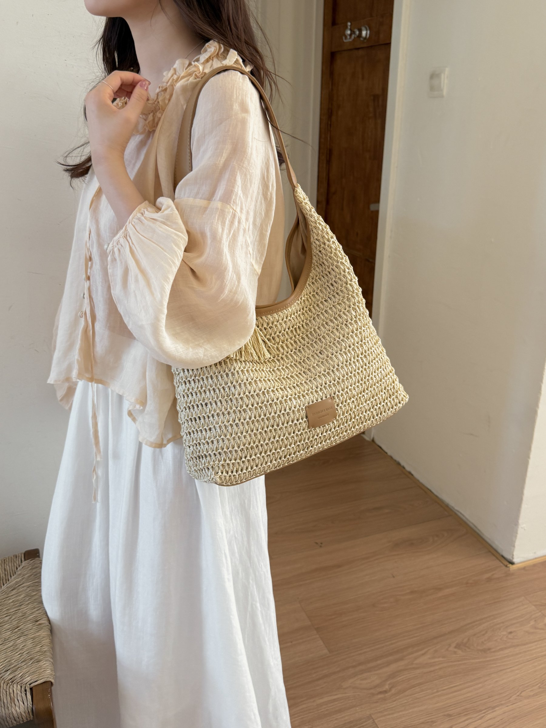 Beige Woven Shoulder Bag with Tassel Accent