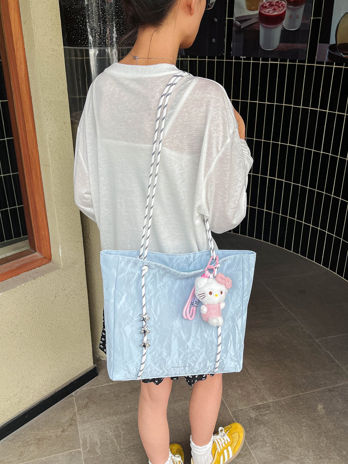 Light Blue Crinkled Tote Shoulder Bag