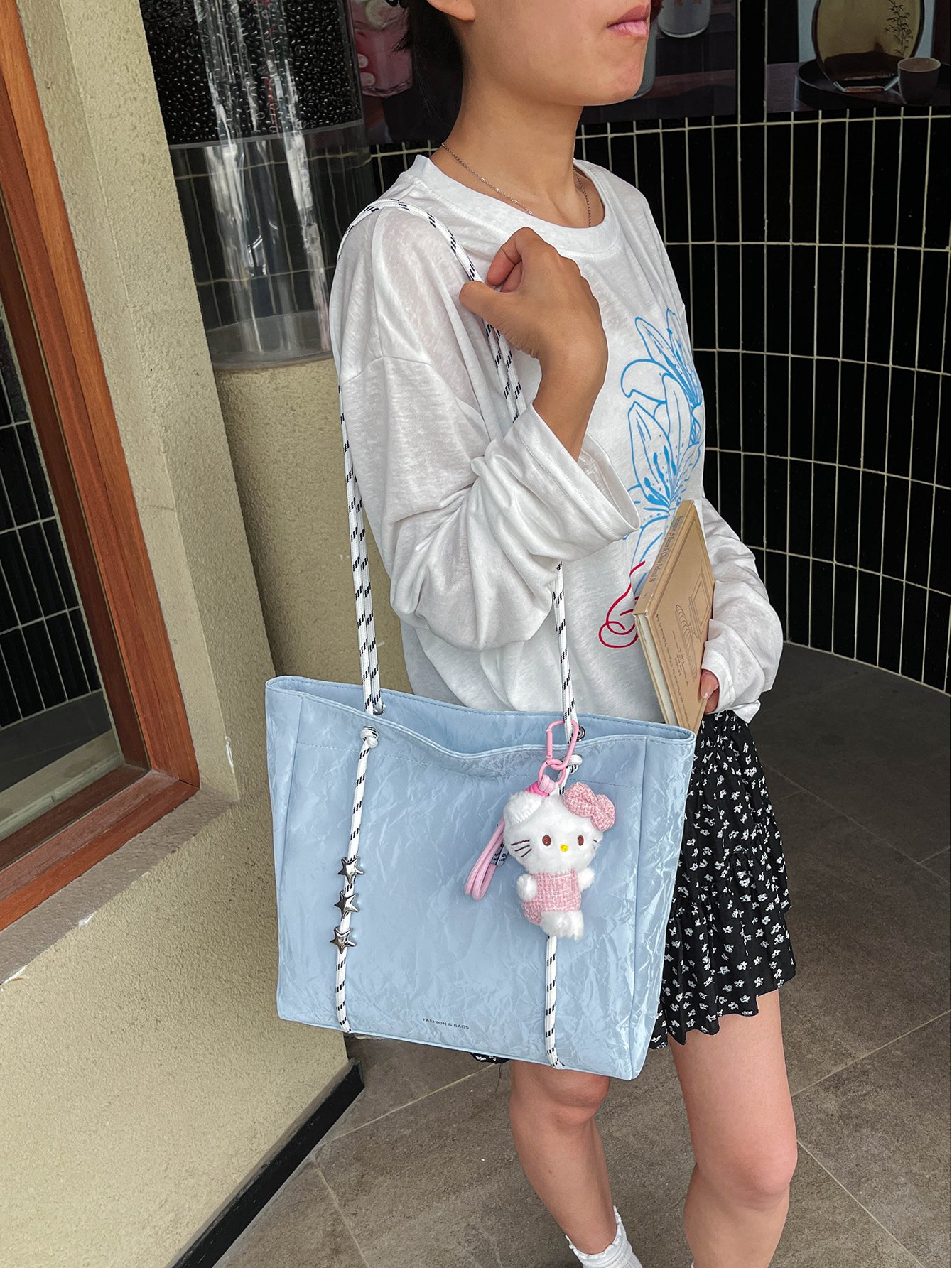 Light Blue Crinkled Tote Shoulder Bag