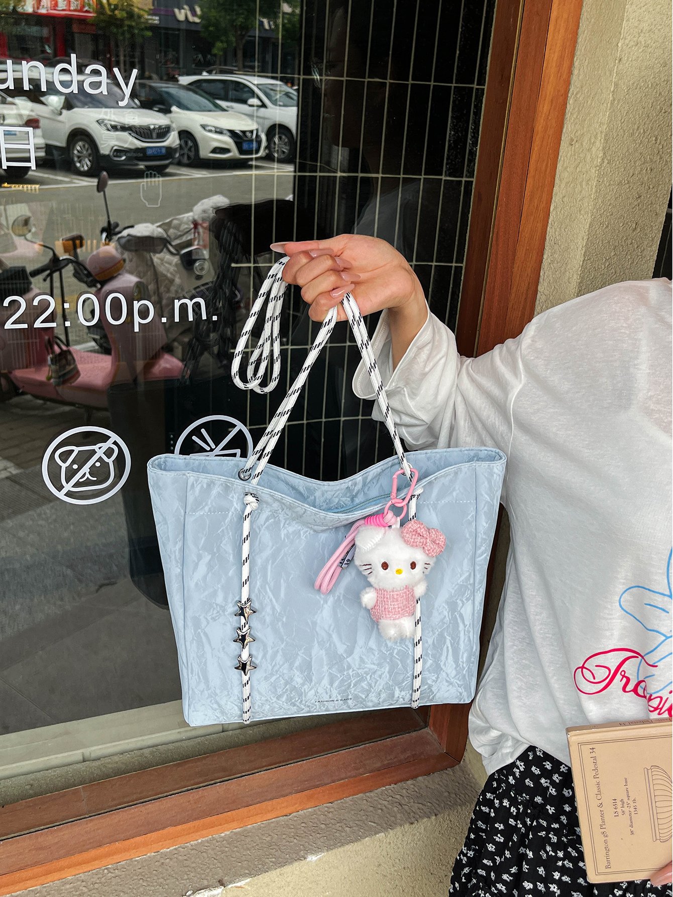Light Blue Crinkled Tote Shoulder Bag