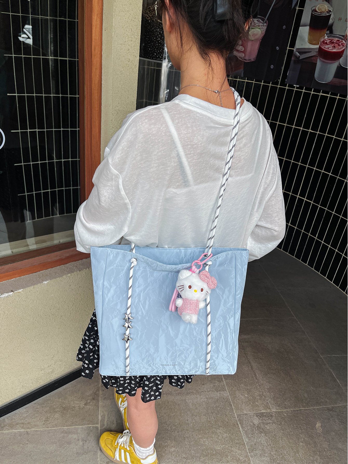 Light Blue Crinkled Tote Shoulder Bag