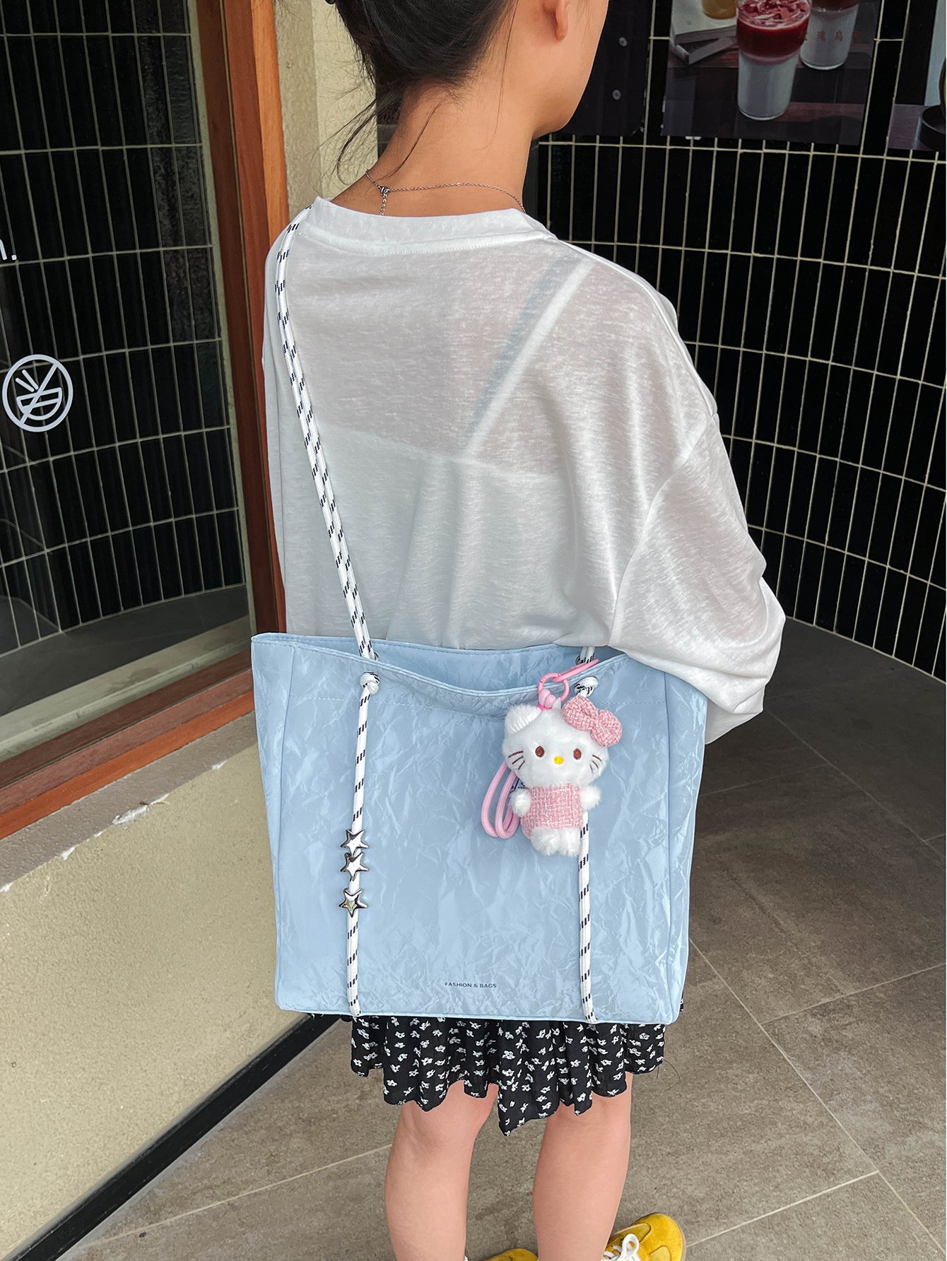 Light Blue Crinkled Tote Shoulder Bag