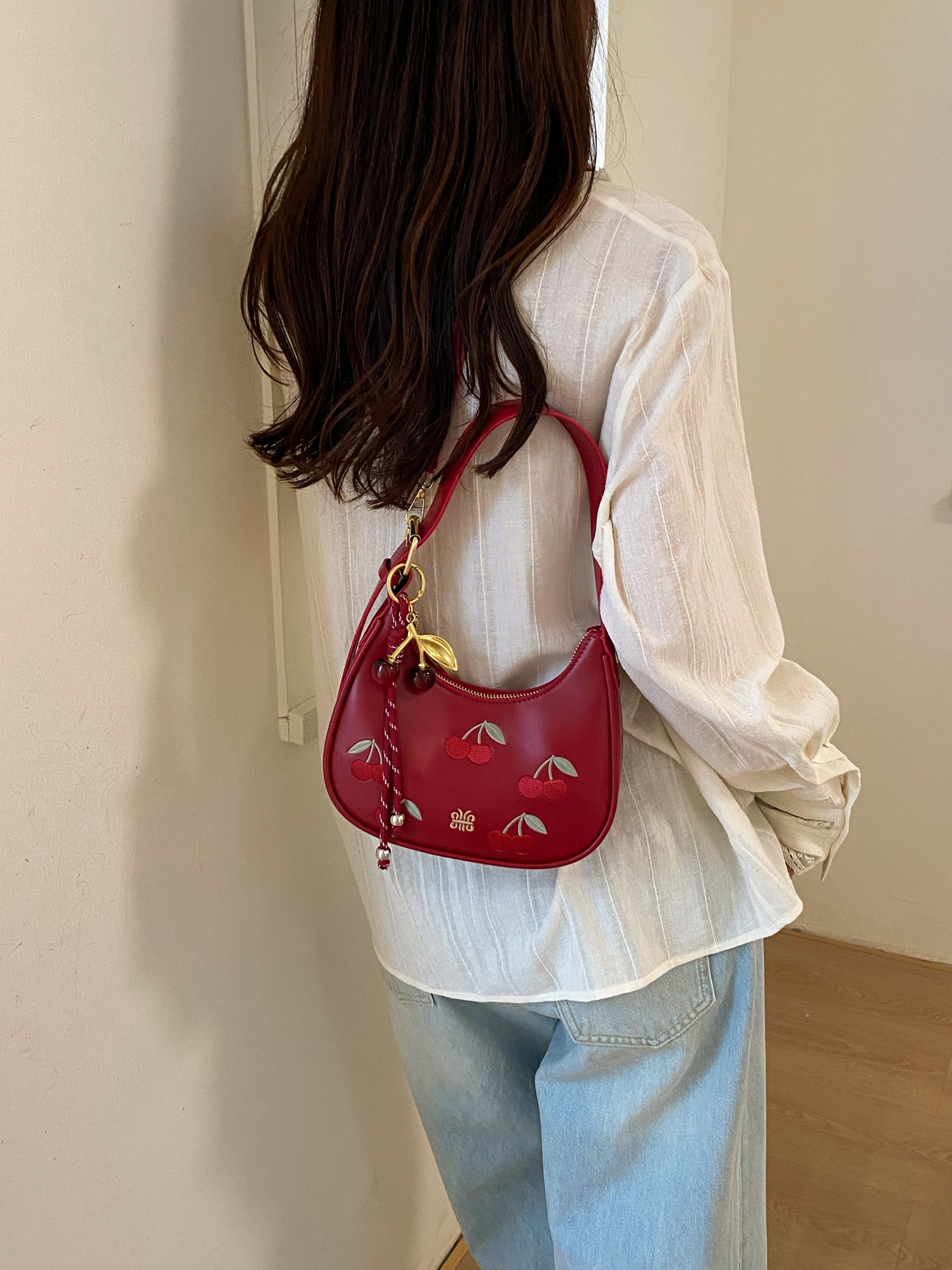 Burgundy Cherry Embroidered Shoulder Bag