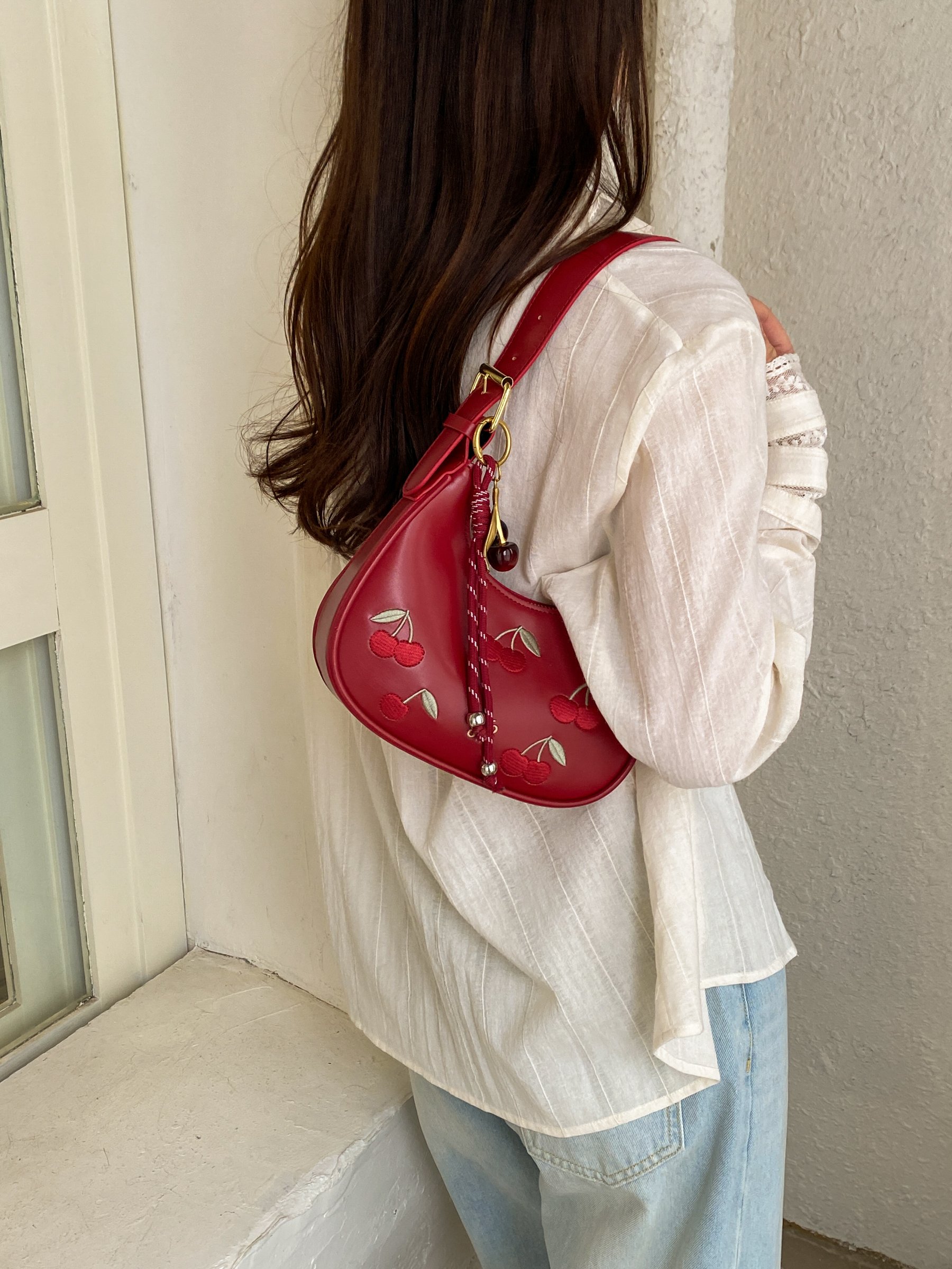Burgundy Cherry Embroidered Shoulder Bag
