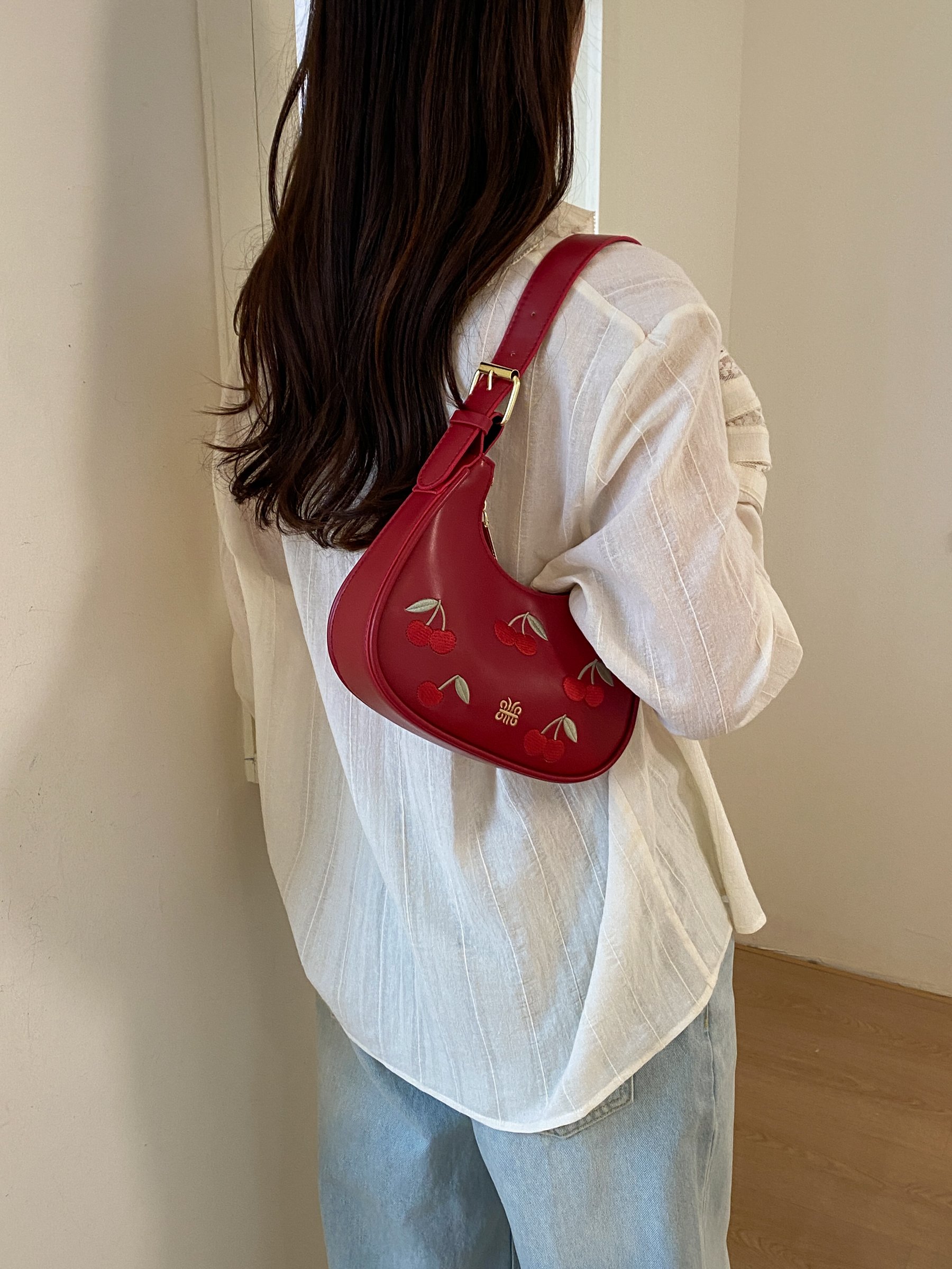 Burgundy Cherry Embroidered Shoulder Bag