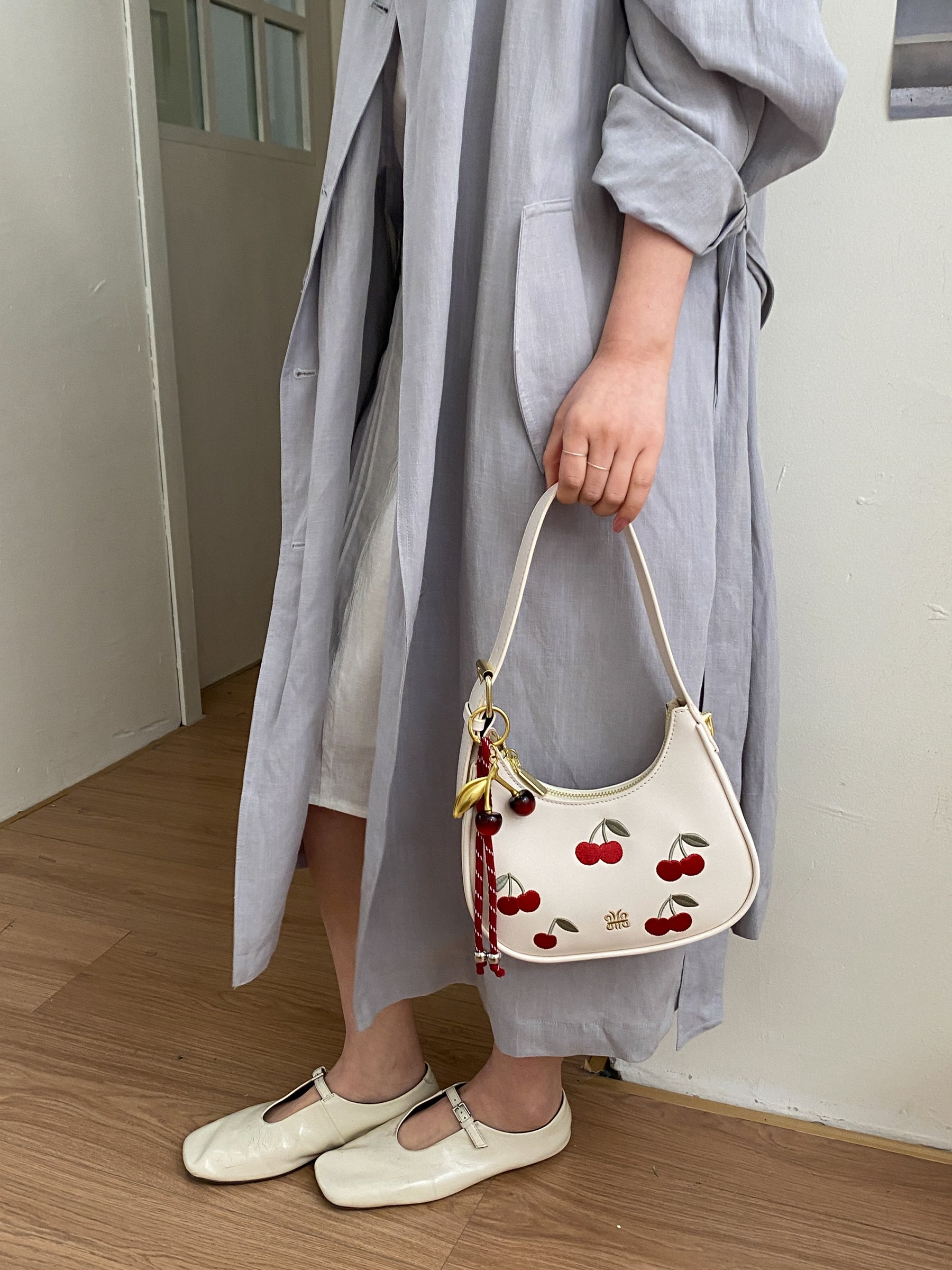 Beige Cherry Embroidered Shoulder Bag