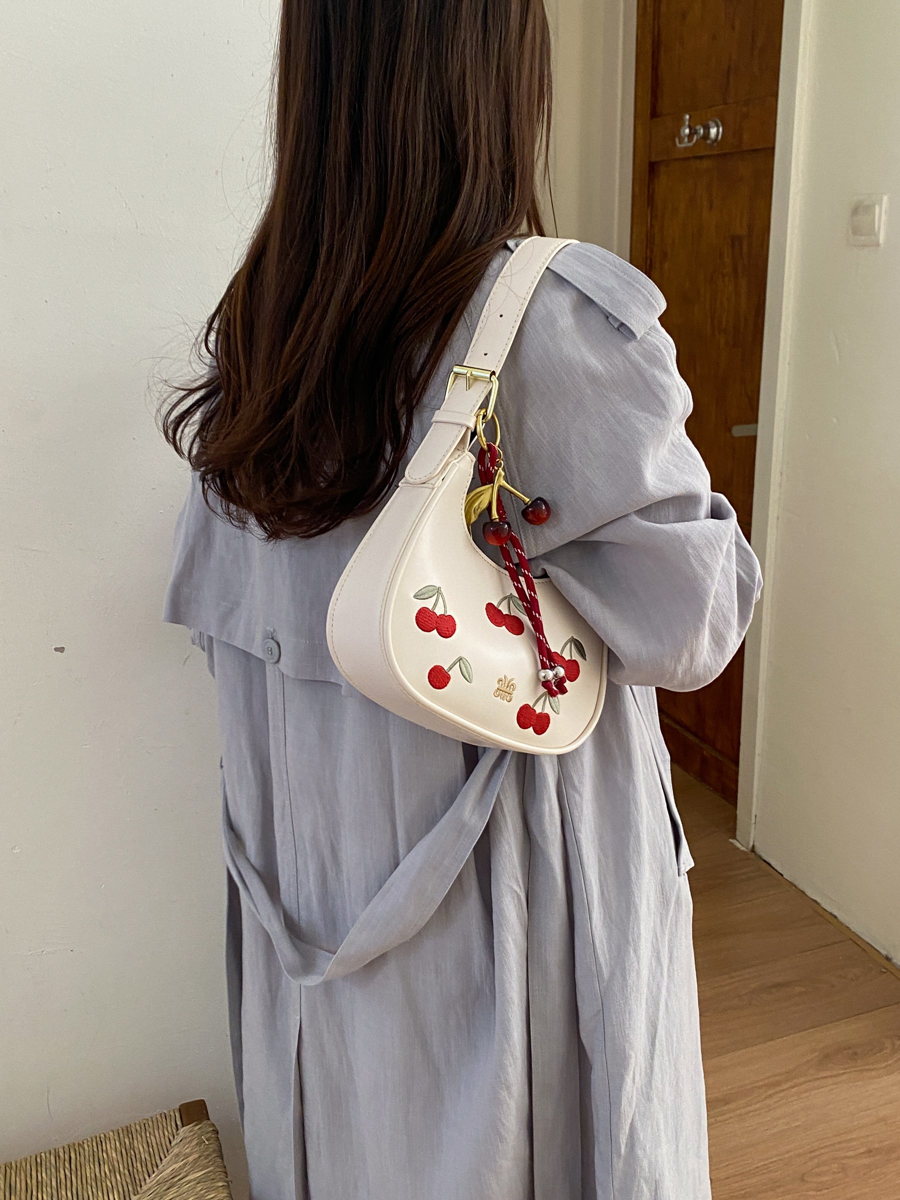 Beige Cherry Embroidered Shoulder Bag