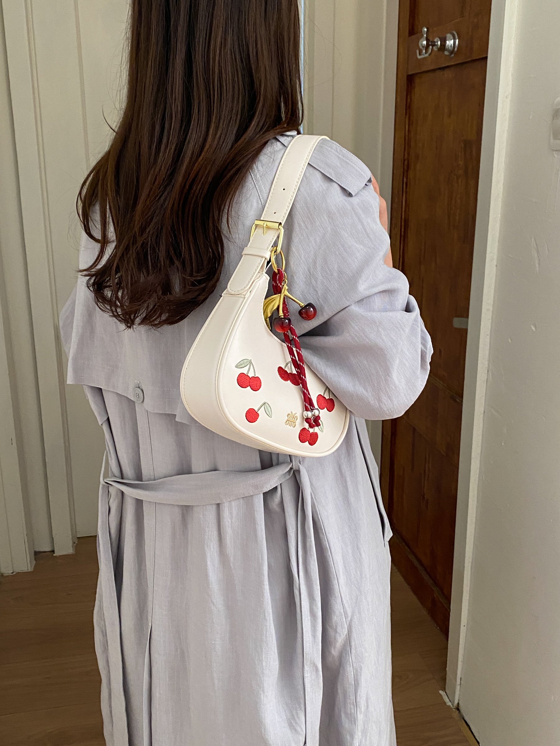 Beige Cherry Embroidered Shoulder Bag
