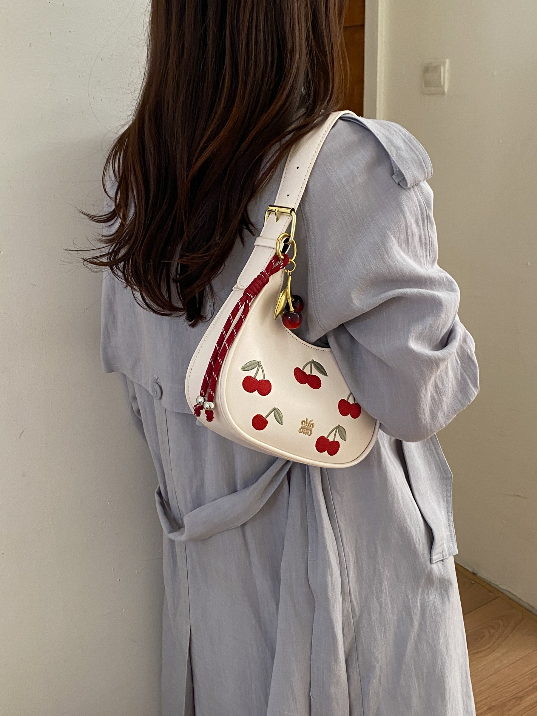 Beige Cherry Embroidered Shoulder Bag