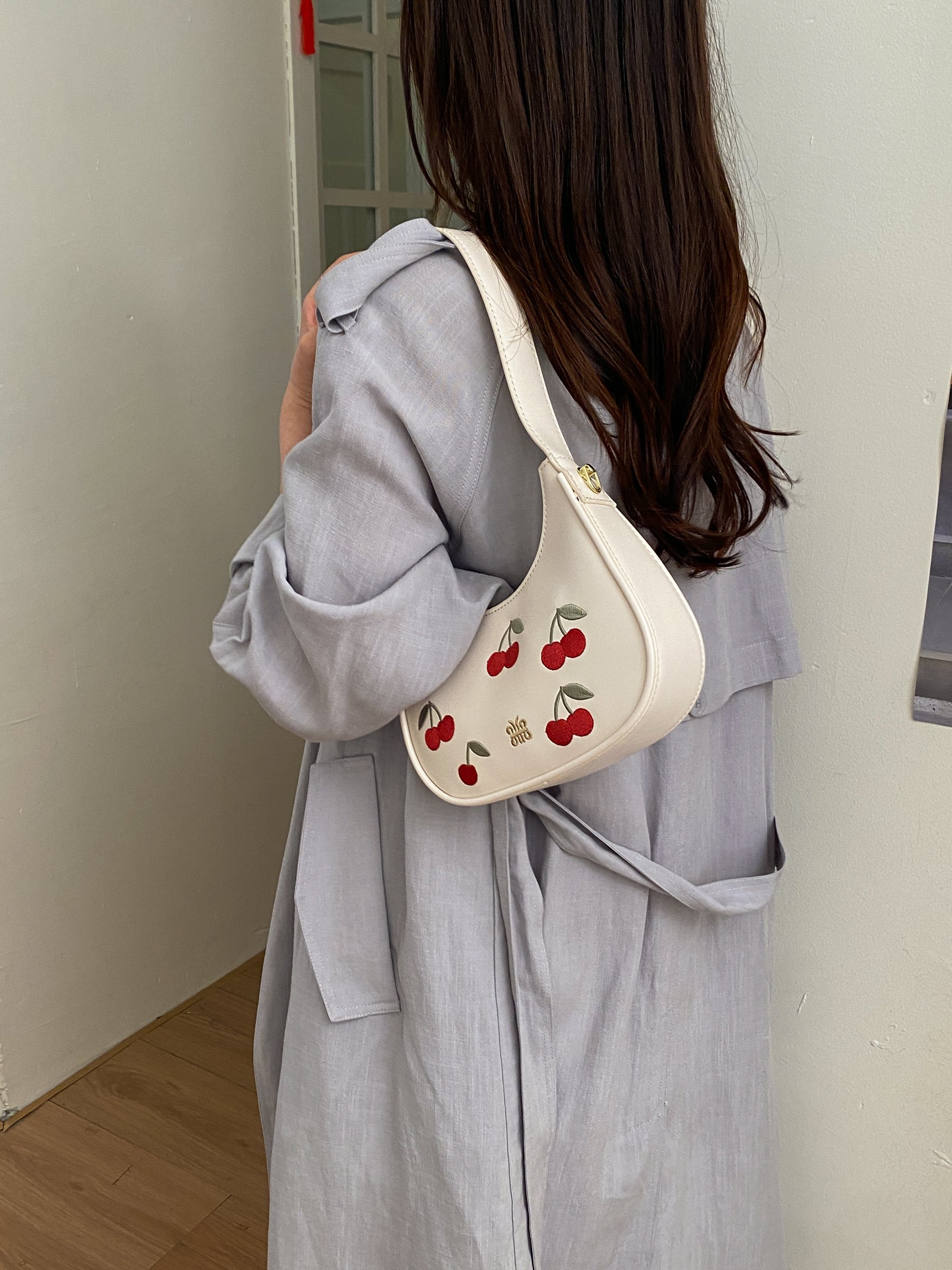 Beige Cherry Embroidered Shoulder Bag