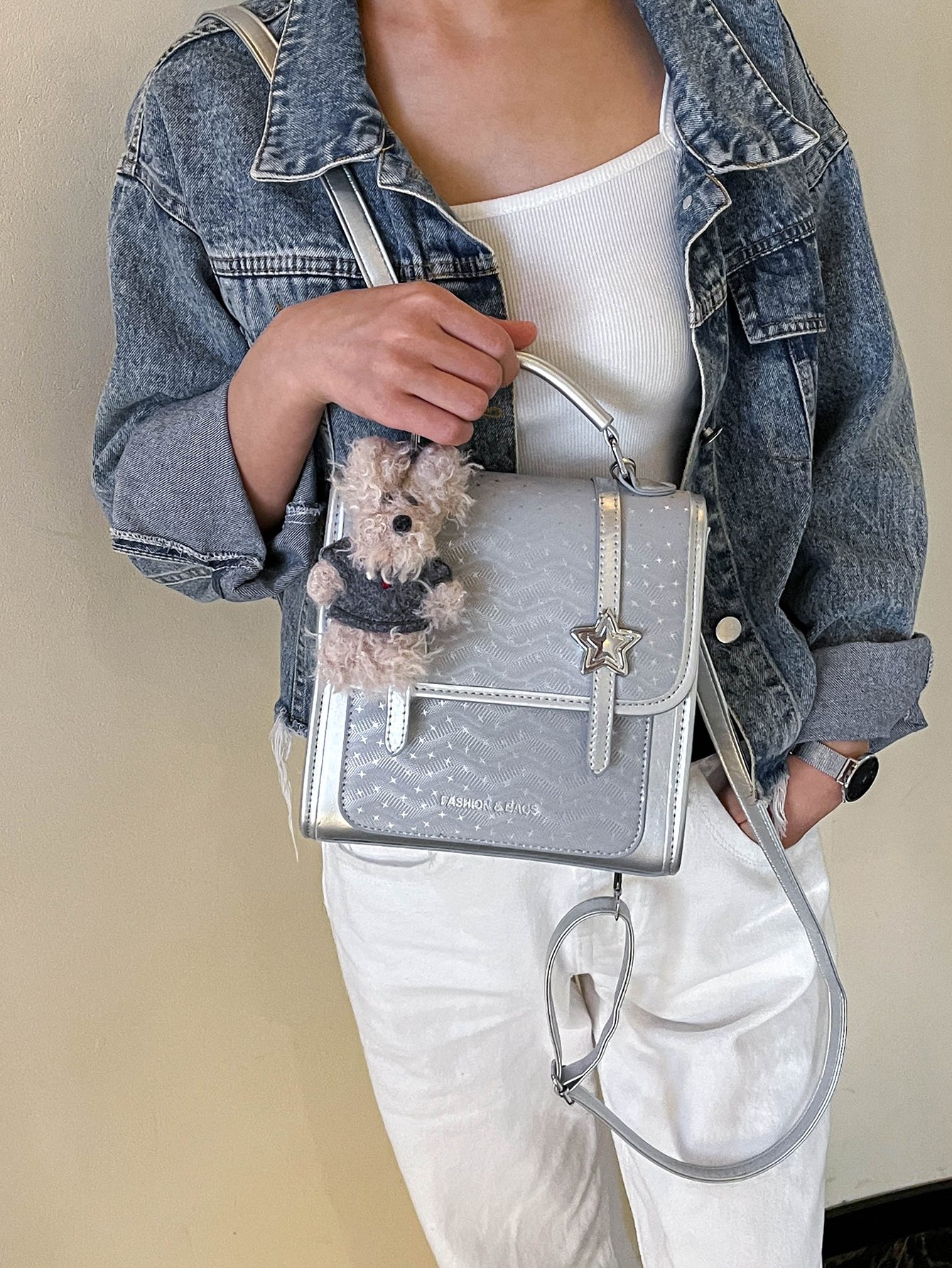 Silver Flap Crossbody Bag with Star Detail