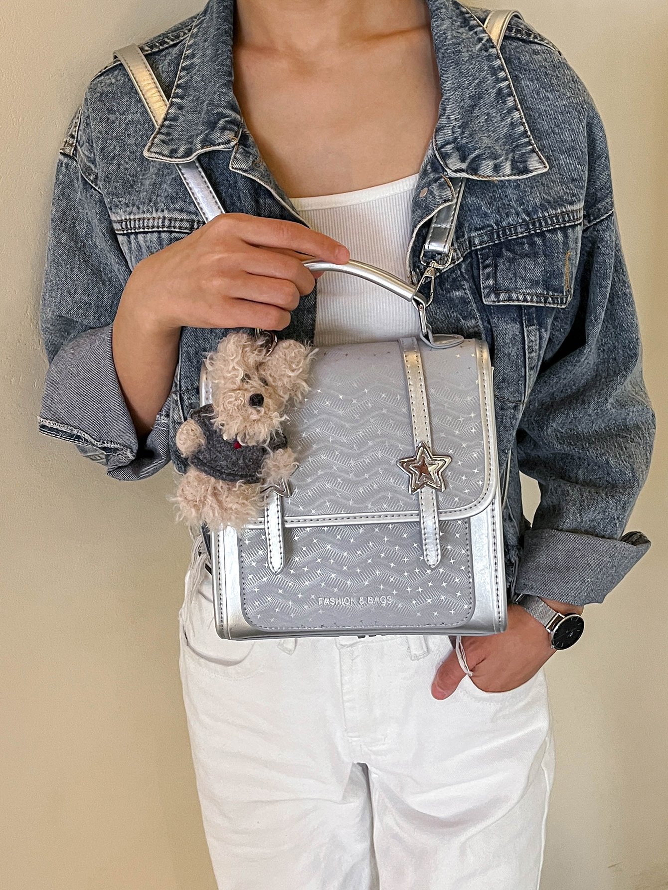 Silver Flap Crossbody Bag with Star Detail