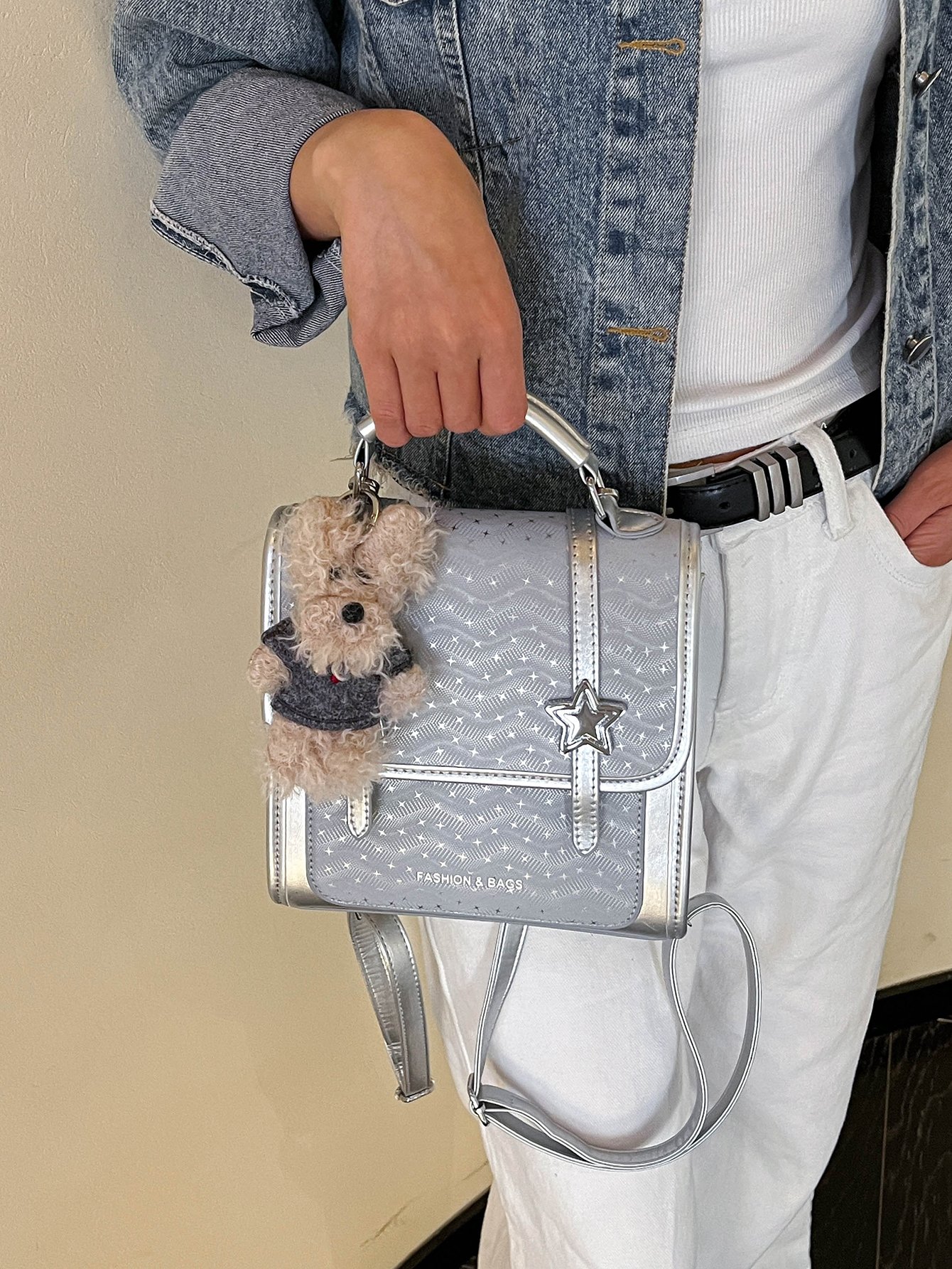 Silver Flap Crossbody Bag with Star Detail