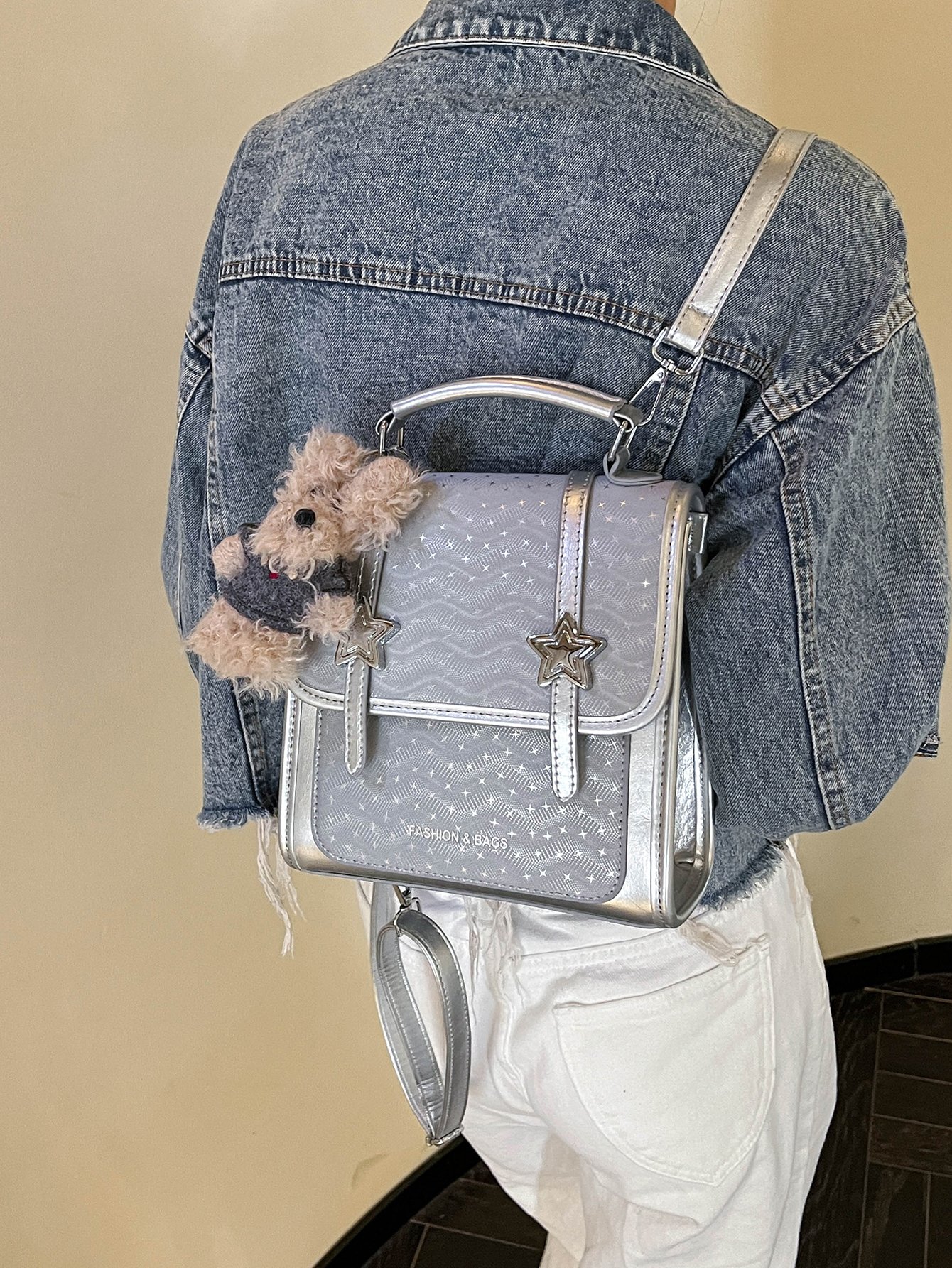 Silver Flap Crossbody Bag with Star Detail