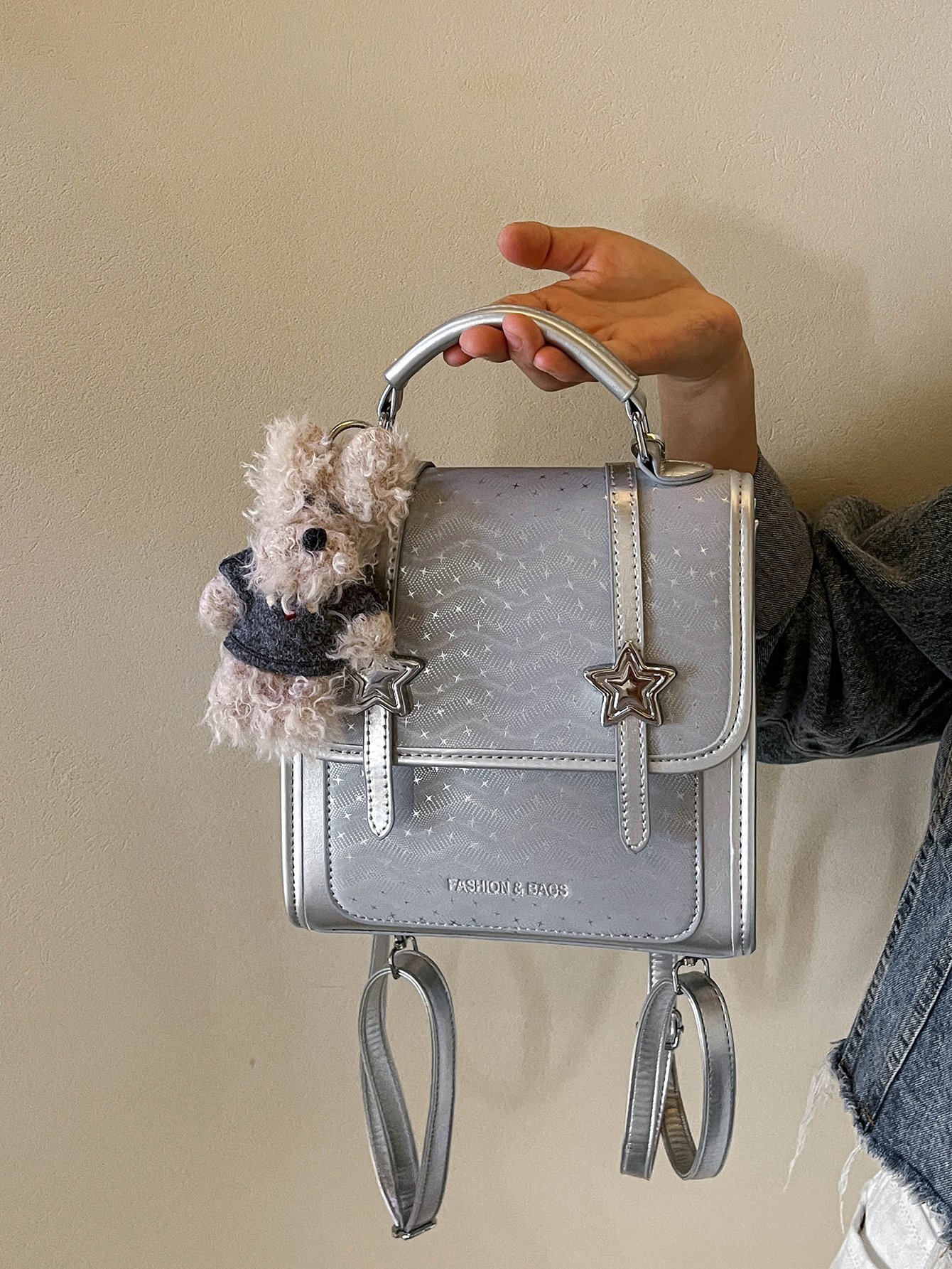 Silver Flap Crossbody Bag with Star Detail