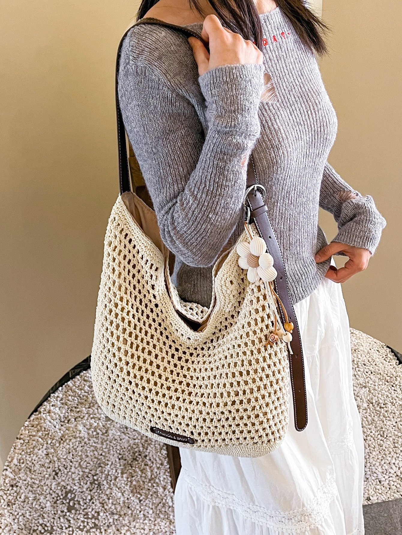 Coffee Brown Crochet Shoulder Bag with Flower Charm