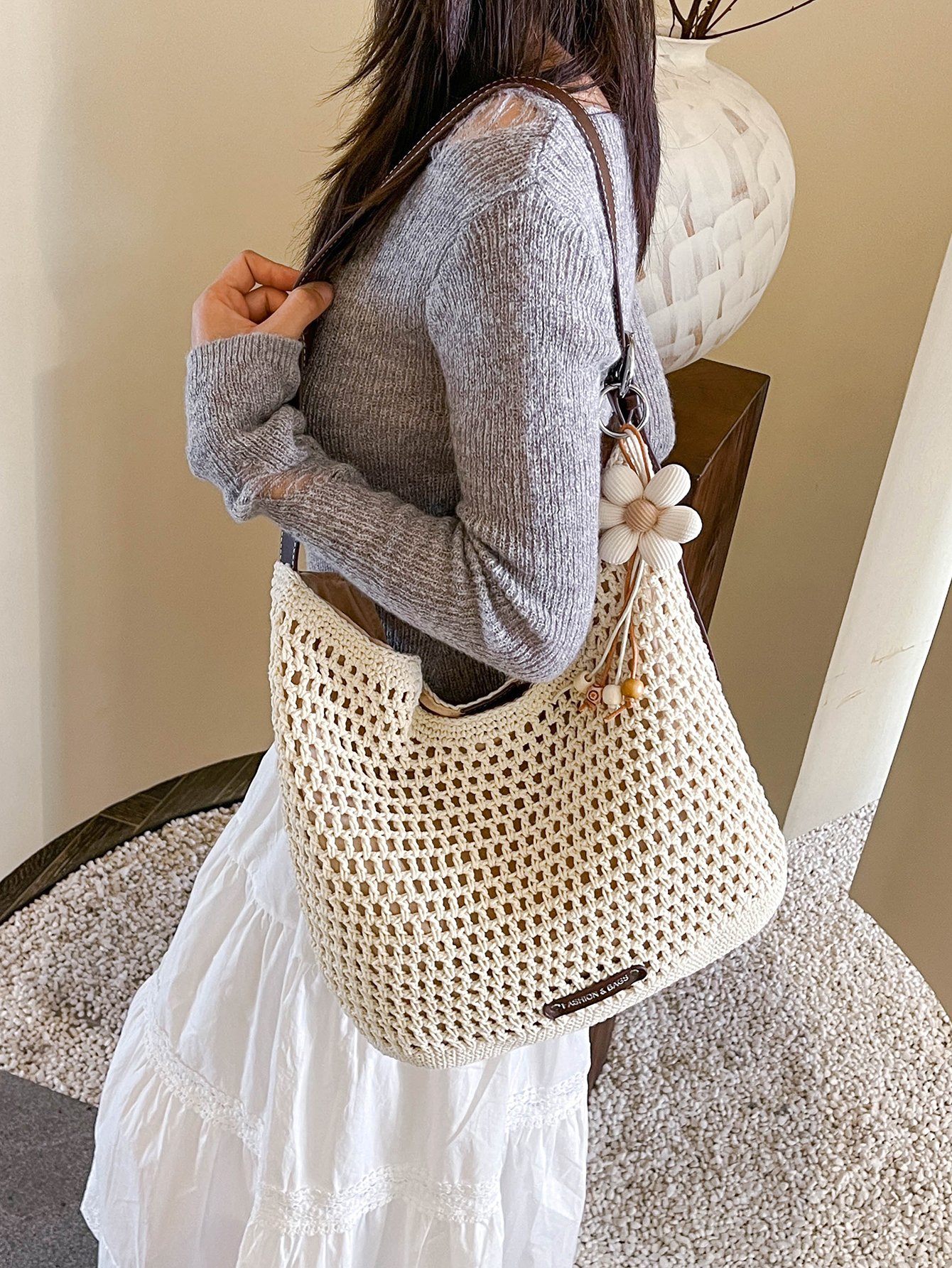 Coffee Brown Crochet Shoulder Bag with Flower Charm