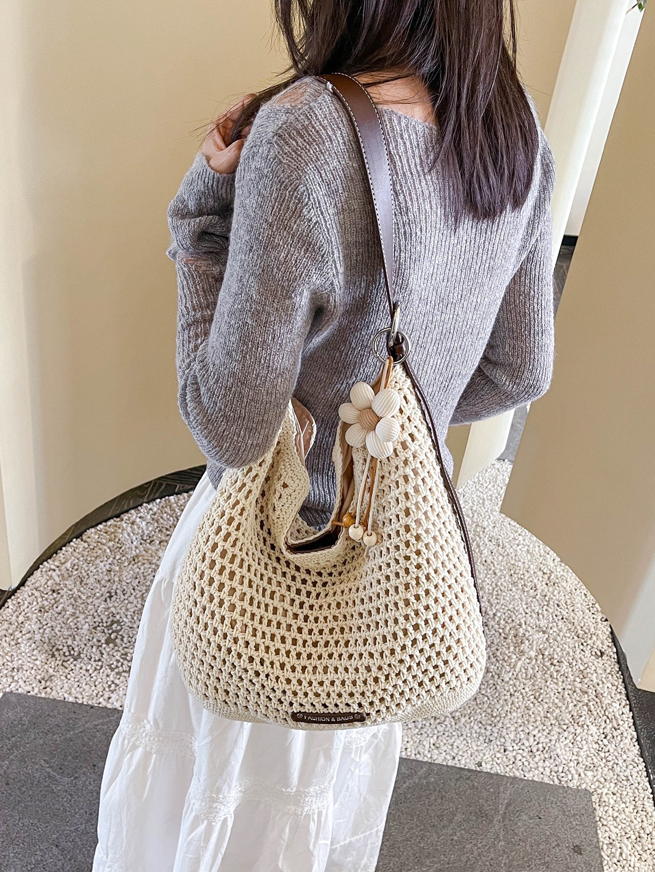 Coffee Brown Crochet Shoulder Bag with Flower Charm