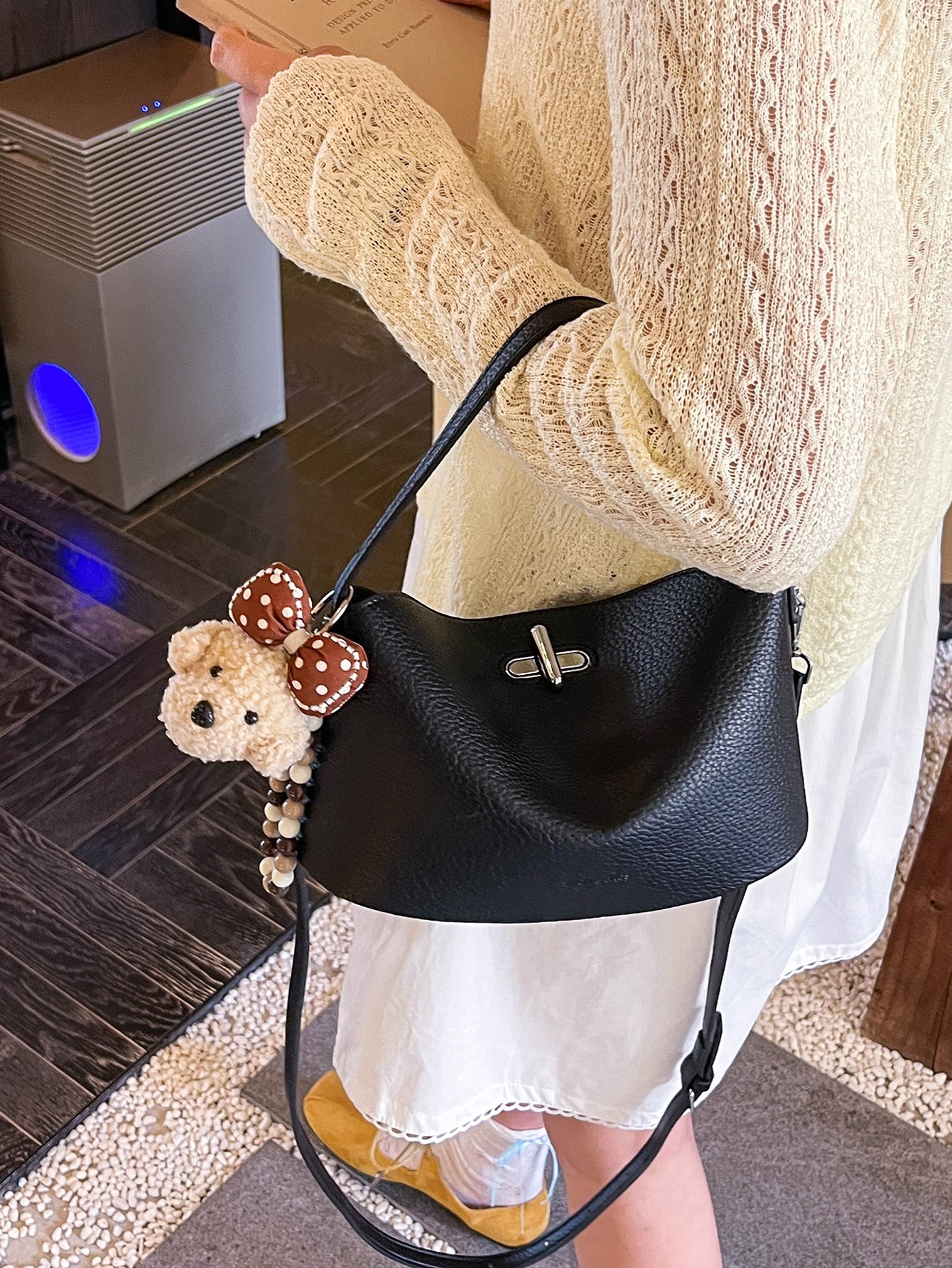 Black Shoulder Handbag with Charm
