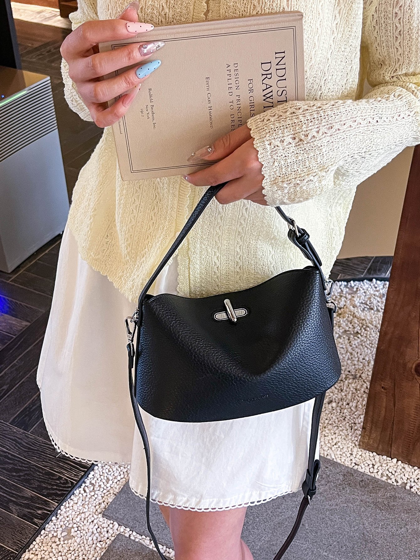 Black Shoulder Handbag with Charm