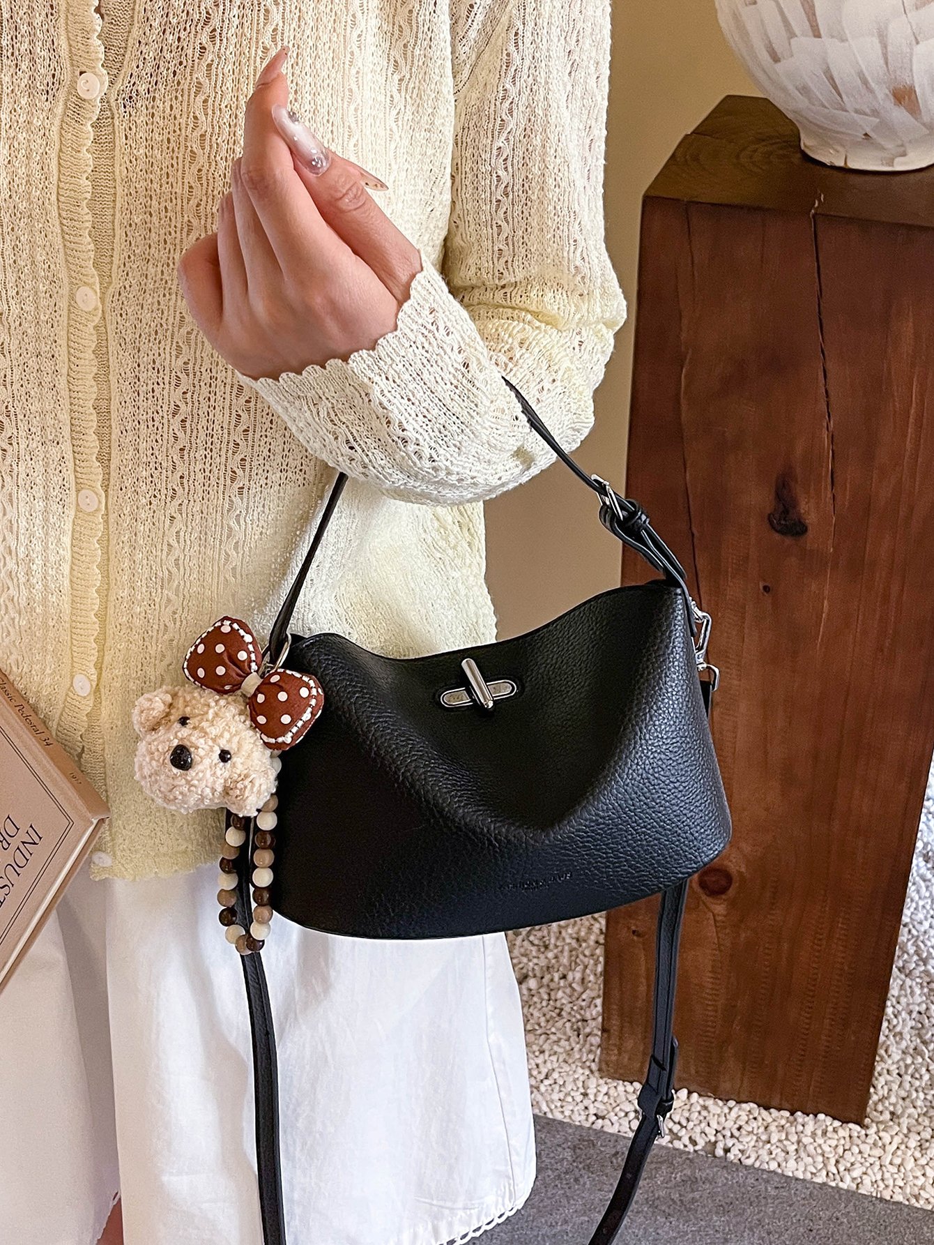 Black Shoulder Handbag with Charm