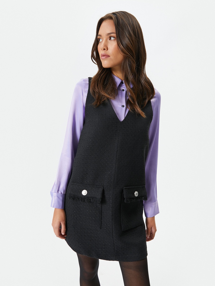V Neck Mini Tweed Dress with Tasseled Pocket Detail