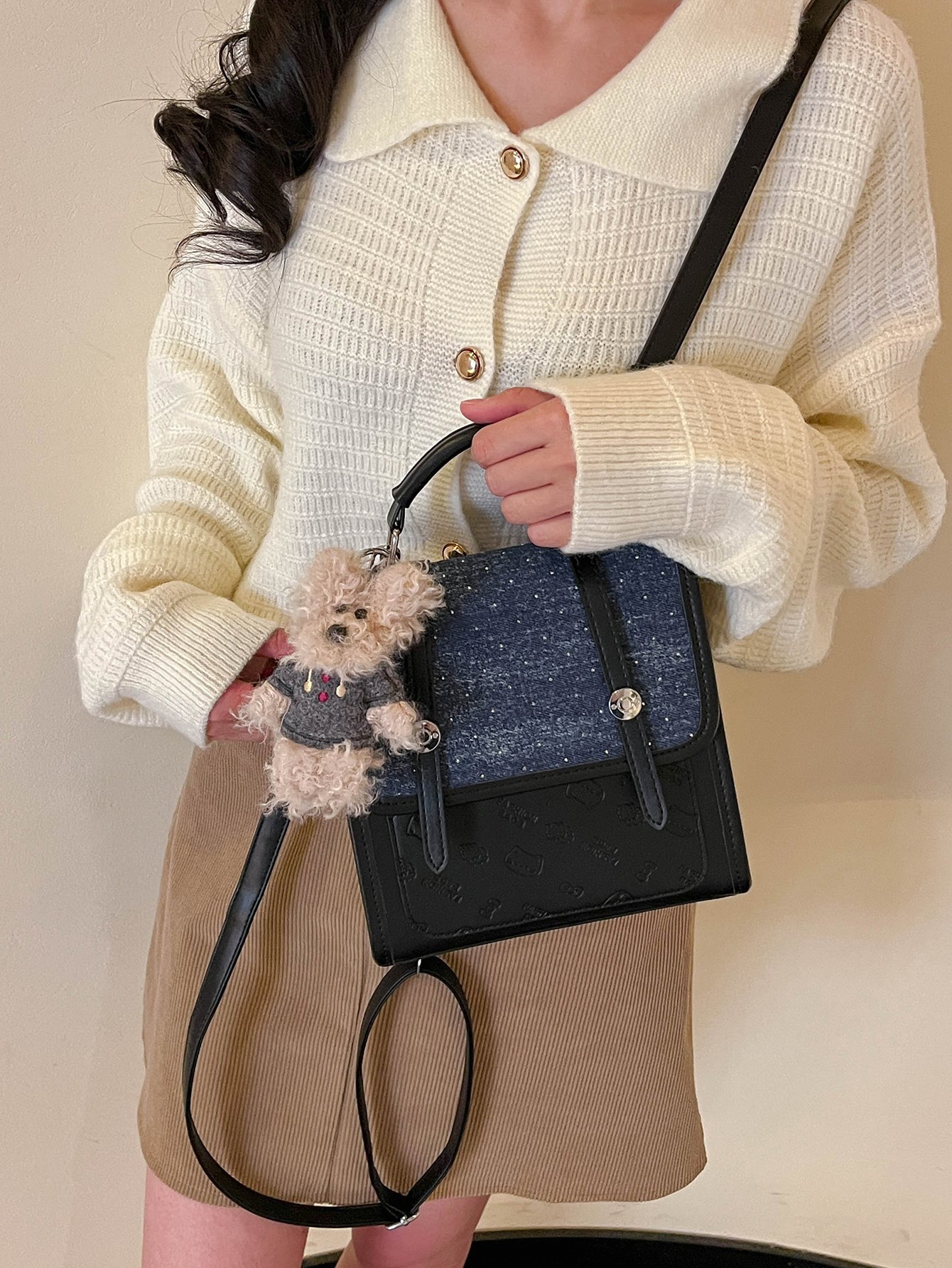 Black and Denim Crossbody Bag with Cute Charm