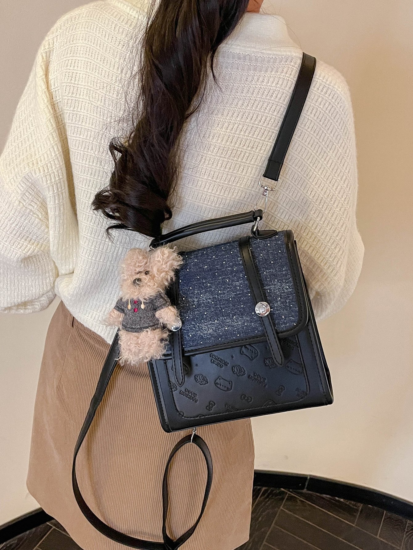 Black and Denim Crossbody Bag with Cute Charm