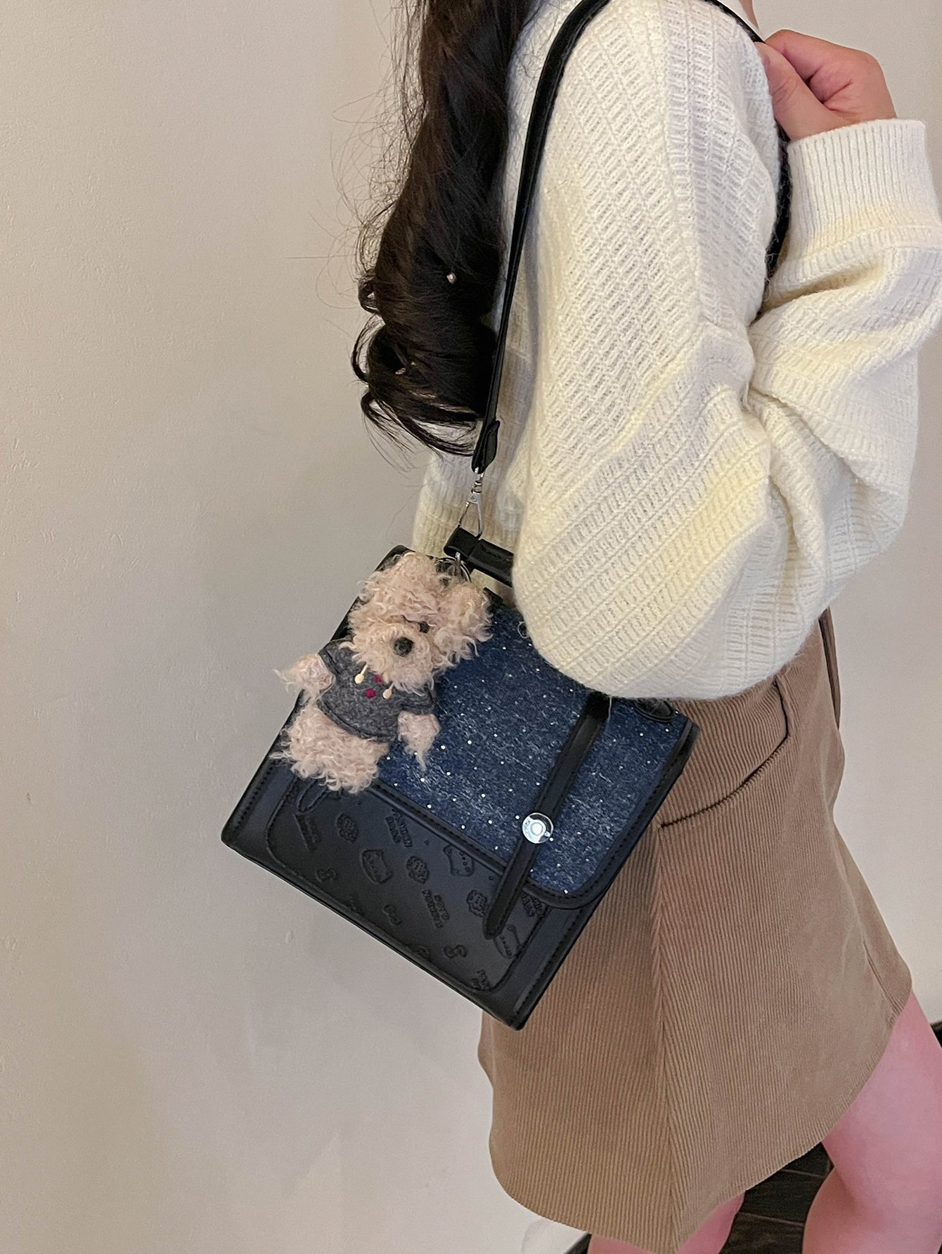 Black and Denim Crossbody Bag with Cute Charm