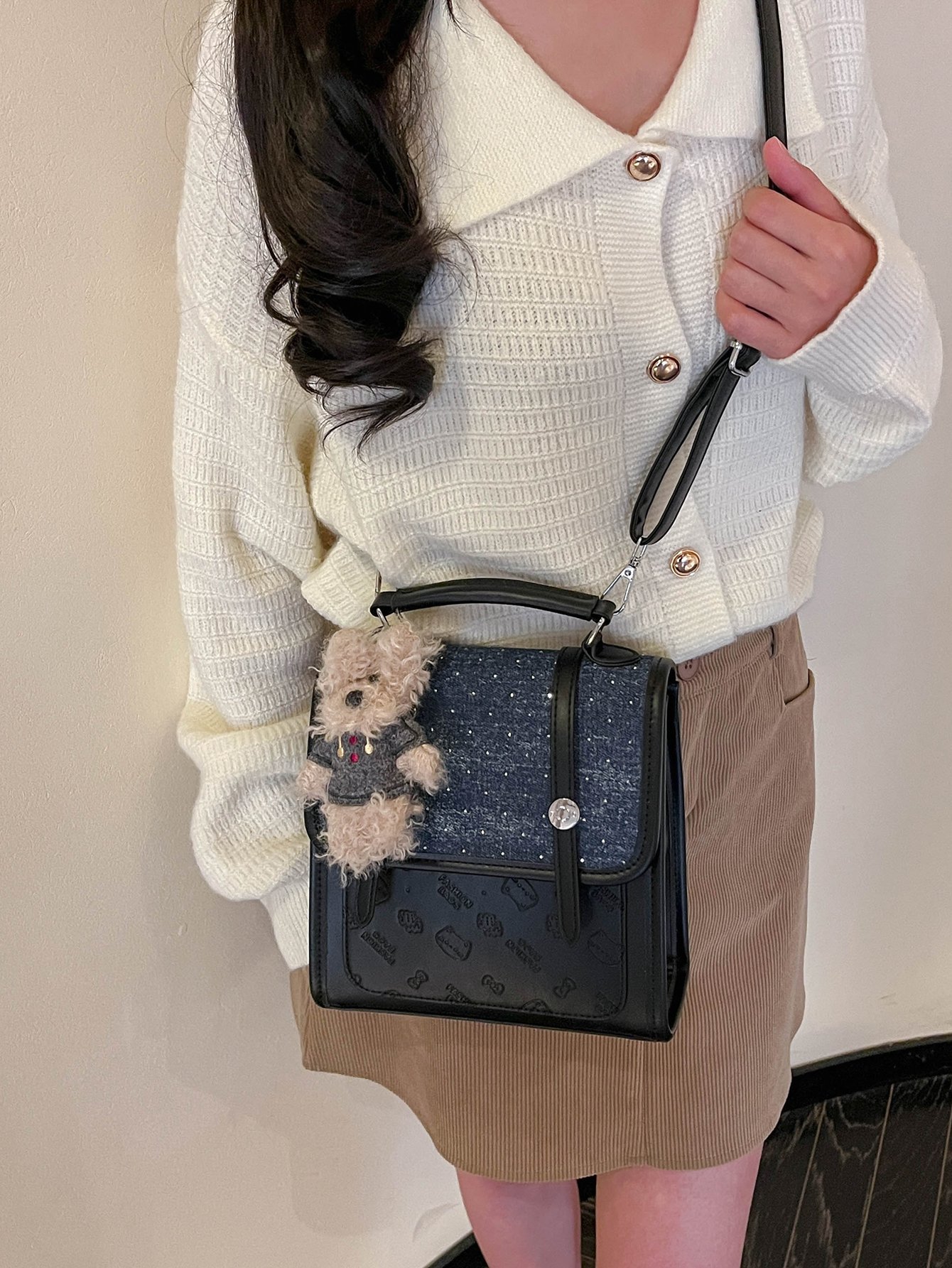 Black and Denim Crossbody Bag with Cute Charm