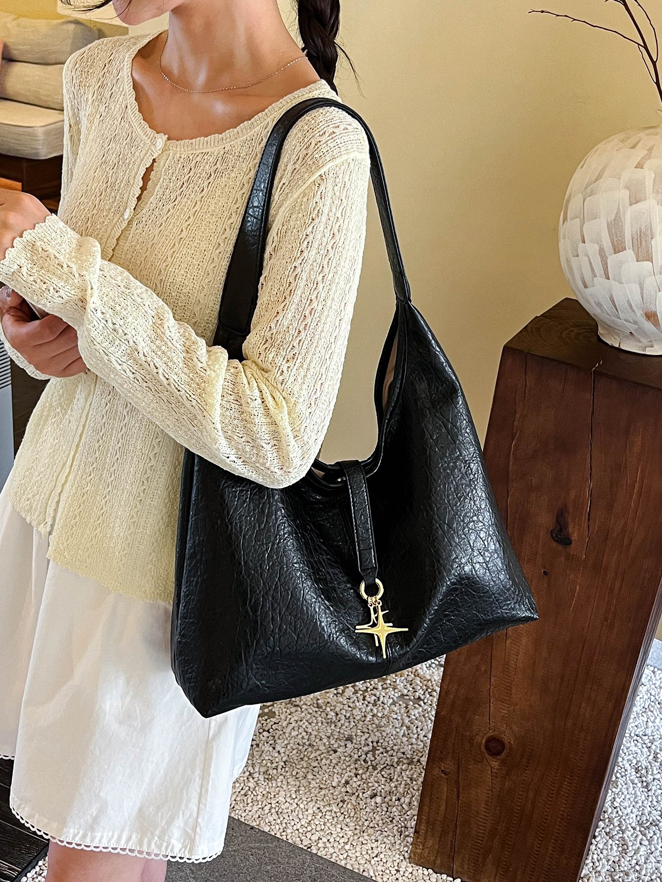 Black Shoulder Bag with Star Pendant