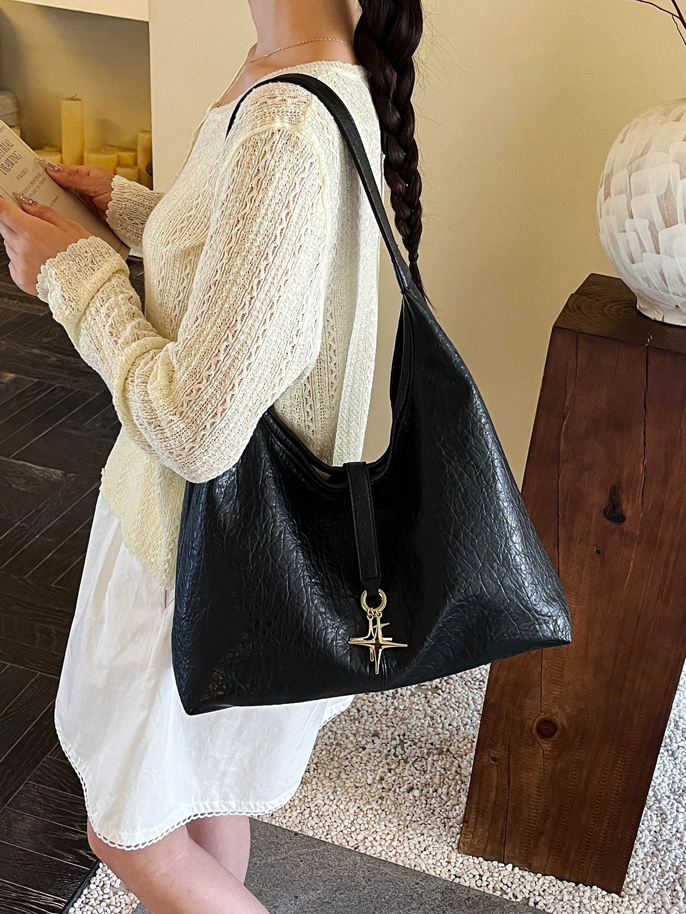 Black Shoulder Bag with Star Pendant