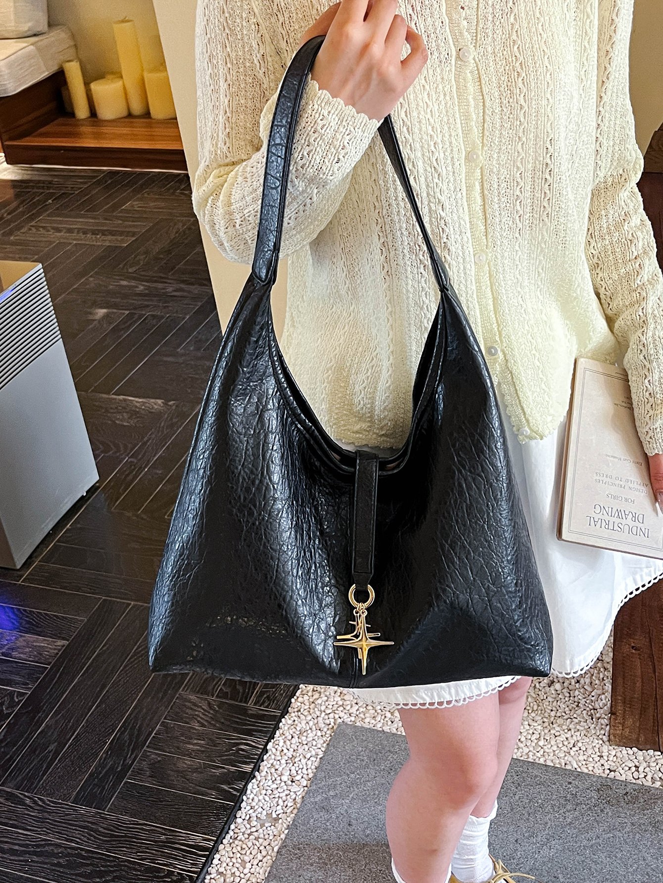 Black Shoulder Bag with Star Pendant