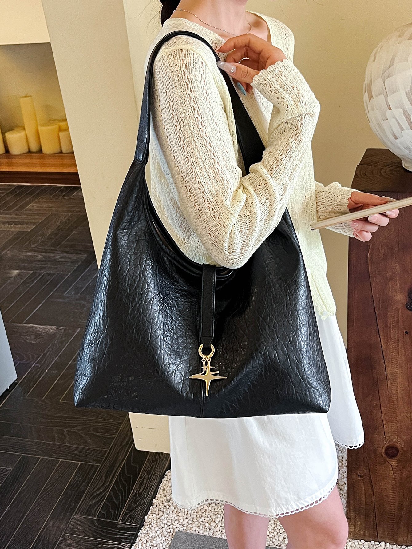Black Shoulder Bag with Star Pendant