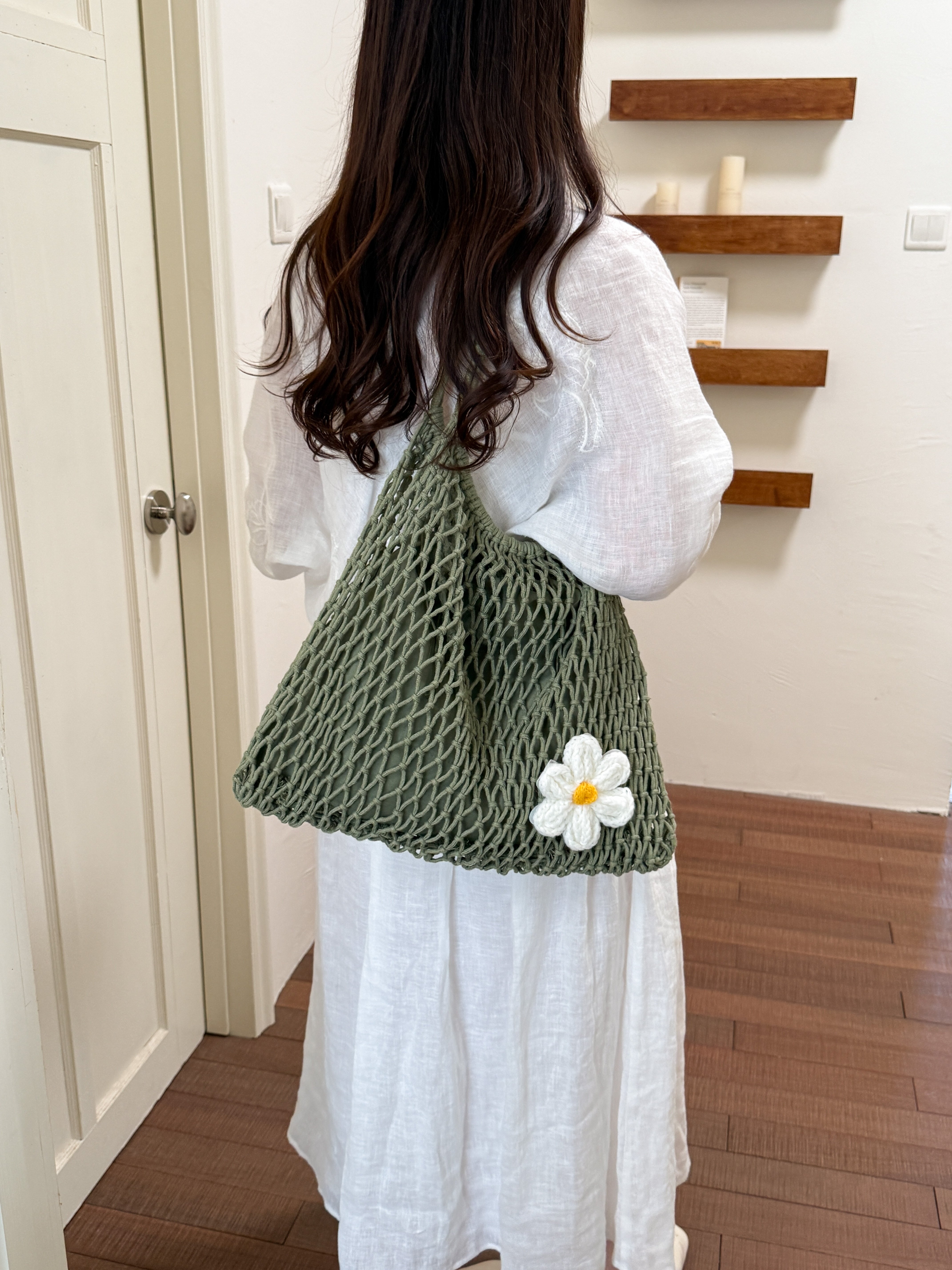 Green Crochet Shoulder Bag with Daisy Charm
