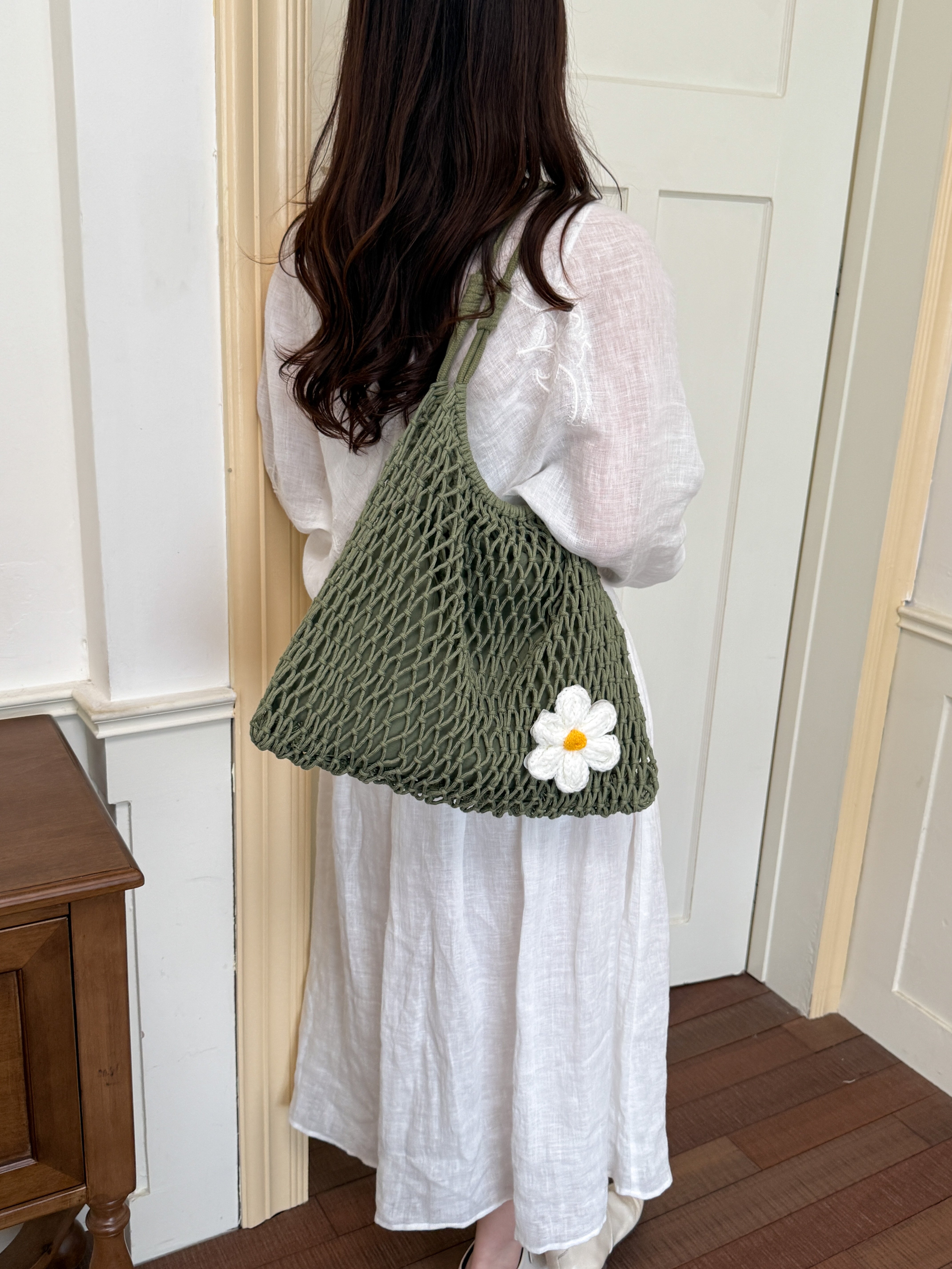 Green Crochet Shoulder Bag with Daisy Charm